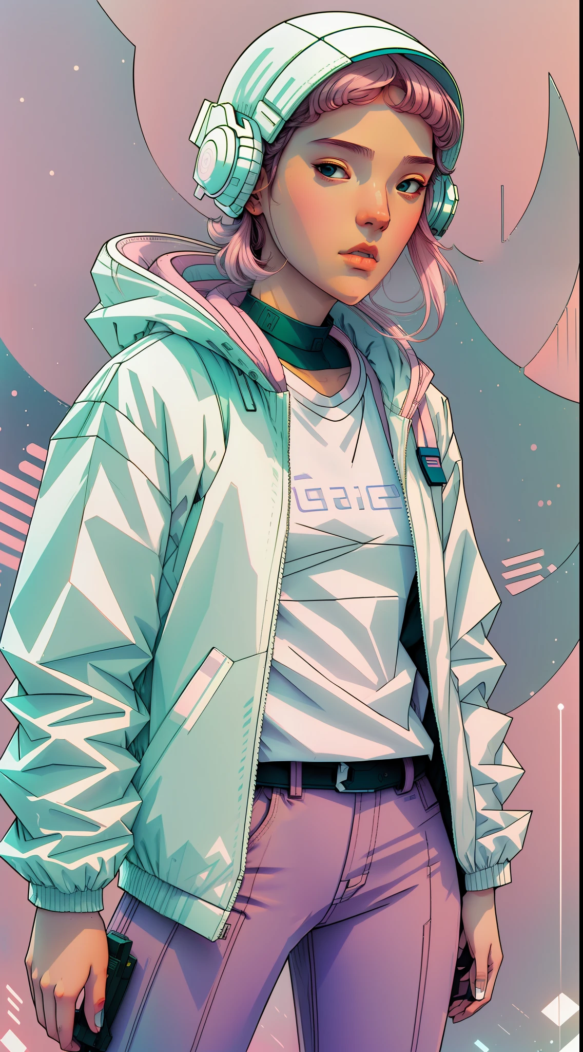 white,totally white,pastel colors,hachures,1girl with techwear clothes,sexy,papercute background, art by Moebius