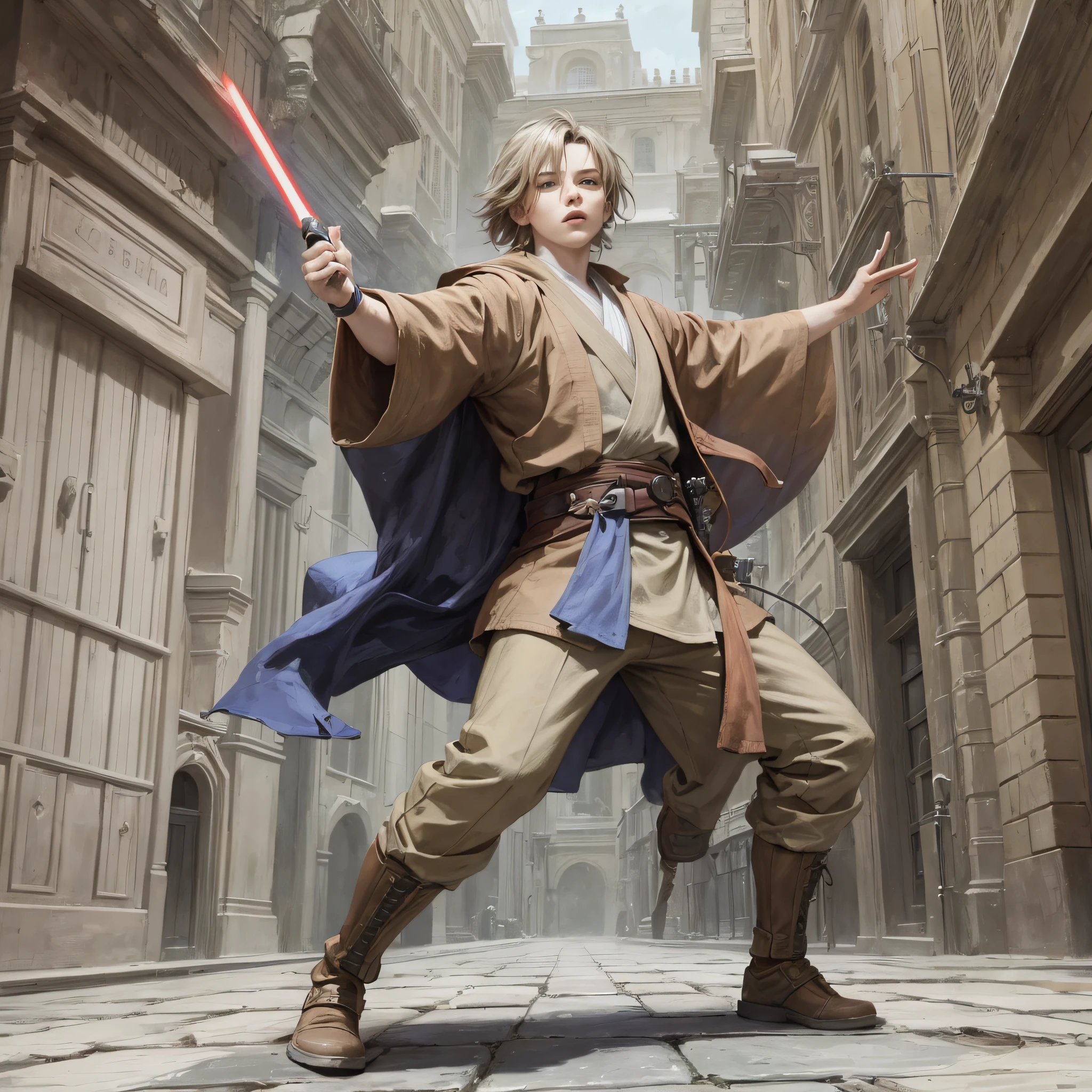 There's a Jedi in a courtyard, with open arms, full-body portrait, cool pose, full-body action pose, front pose, expressionist style --auto --s2