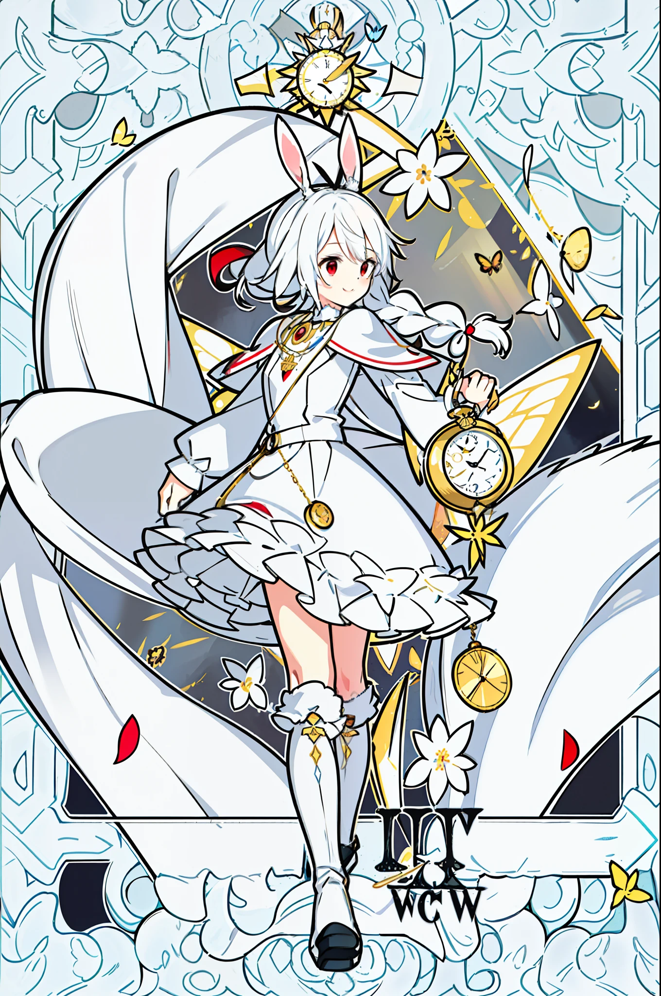 a girl, delicate face, best quality, masterpiece, high resolution, original, extremely detailed wallpaper, golden double twisted braid, white rabbit ears, ribbon, red eyes, floating hair, white long dress, long sleeves, white cape, pocket watch pendant, frills, white boots, full body, walking, (in Alice in wonderland), (clock in background), (playing cards), landscape, shadow, fog, bokeh, high definition, happy, smooth sunlight, butterflies in flowers, bushes on sides