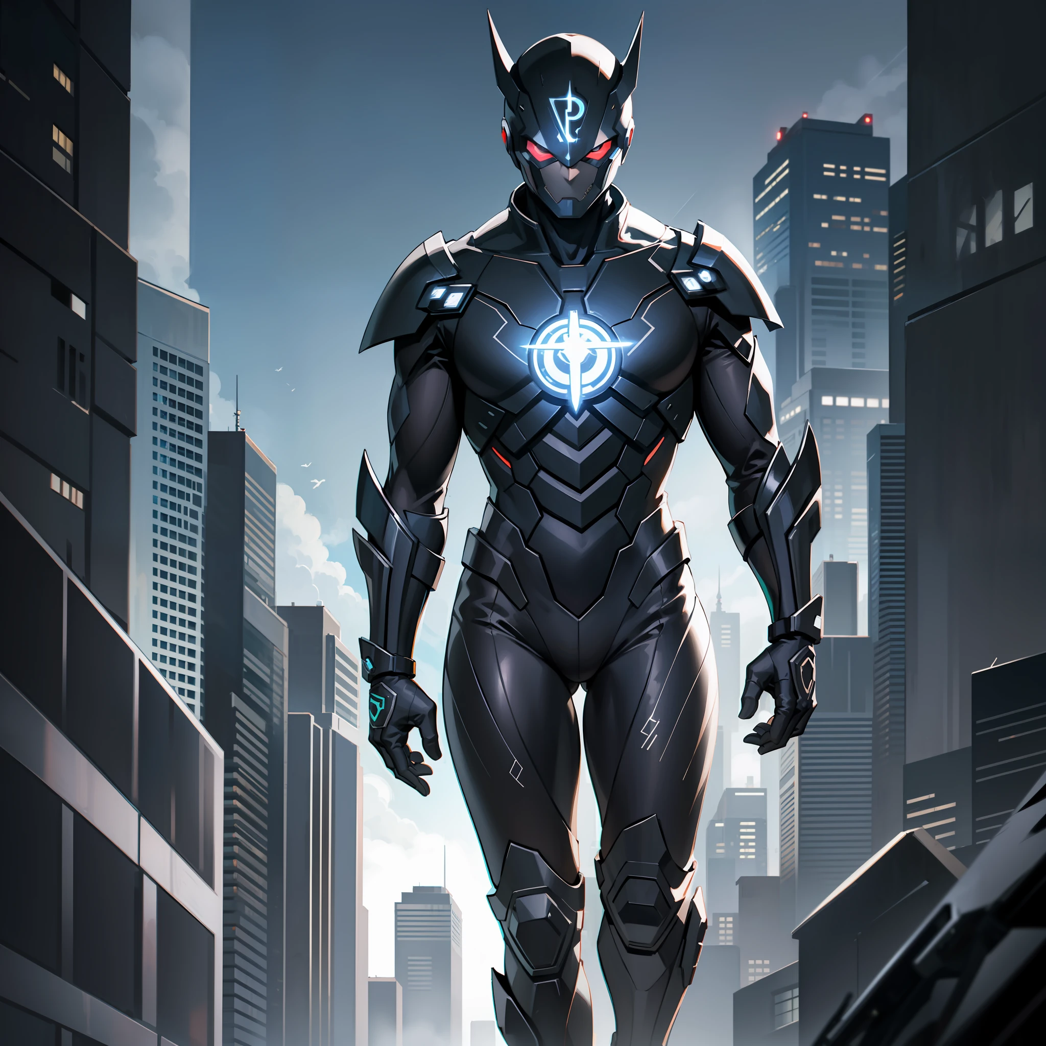 Superhero with dark atmosphere, black suit decorated with silver lines, symbol on chest, weapon in hand, energy, futuristic city, high quality, super detailed