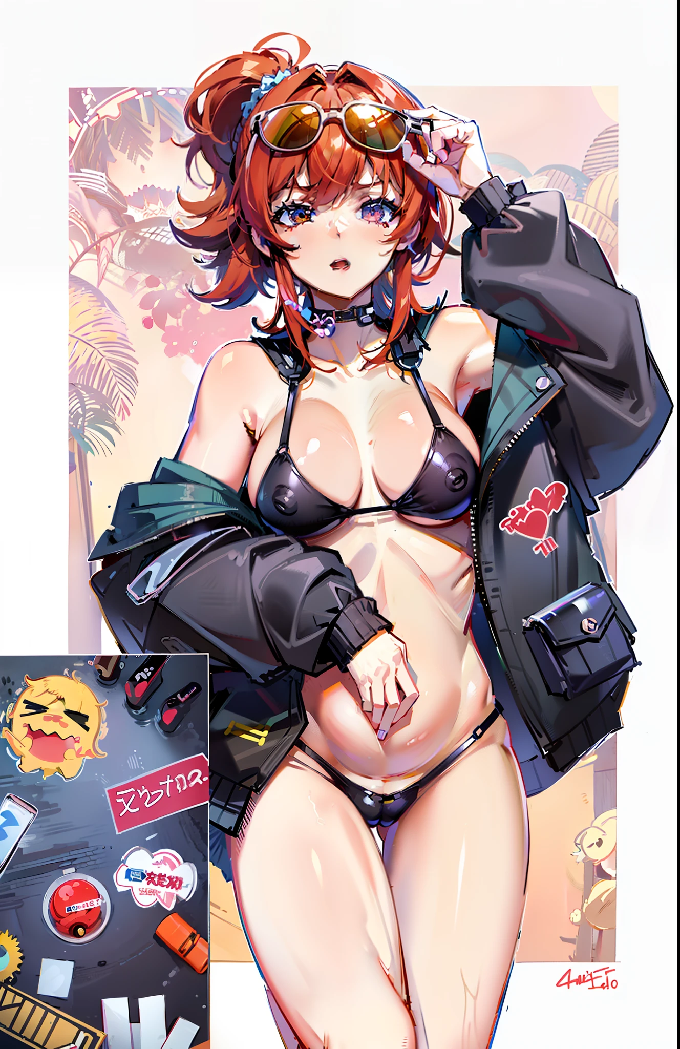 anime girl in a bikini, anime style 4 k, (anime girl), badass anime 8 k, best anime 4k konachan wallpaper, anime style character, top rated on pixiv, seductive anime girl, anime style. 8k, anime girl, an anime girl, anime artstyle, red hair, visible red hair (Best quality, 4k, Masterpiece :1.3), beautiful woman, hyper realistic, 1girl, (droopy breasts, attractive body :1.2), sit-ups :1.1, short red hair: 1.1, (wet rainy, wet by rain, wet body :1.2), ultra-detailed face, detailed lips, detailed eyes, double eyelid, naked, nipple_outline, sensual low-necked dress, open neckline, hanging breasts, side pose, visible curves, pool party, poolside, silver transparent mantle,sunglasses, muscular turned leg, nipple visible, revealing clothing [ 4 k digital art ]!!