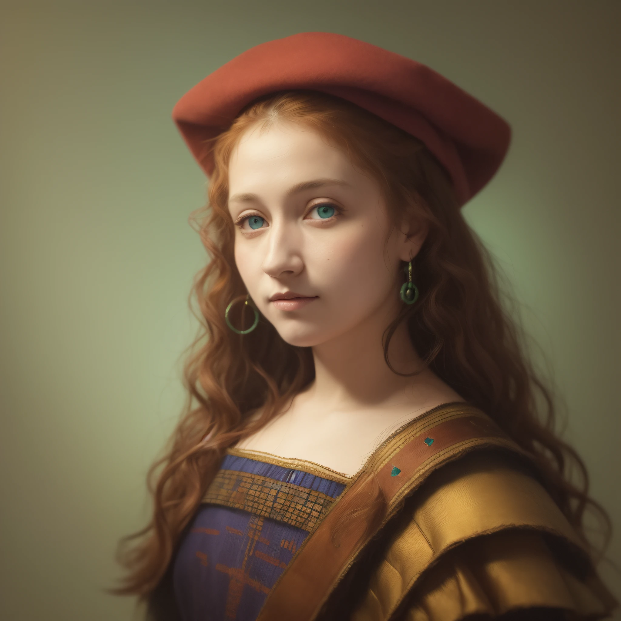 realistic portrait of(female:1.1),(30 y.o.:1.1),(blue clothes:1.05),(green eyes:1.05),(long red hair:1.05),((Rembrandt lighting:1.2)) (en)