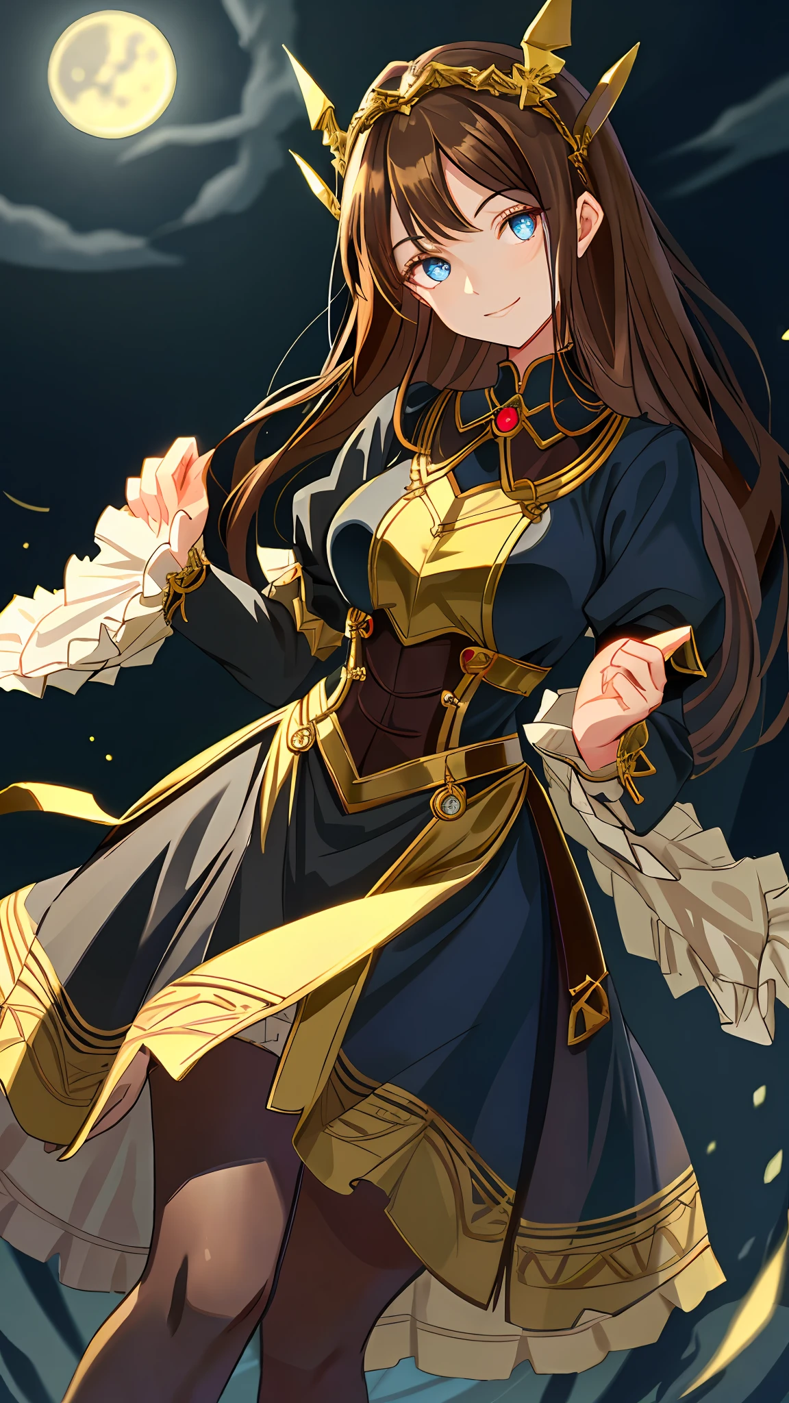 Gelois eyes, brown hair, black maid outfit, 1girl, large breasts, light grin, 1girl, glassy eyes, hands behind back, arms behind bac, arms out of frame, arms behind back, hands out of frame, reflective eyes, eyes perfect details, glassy eyes, dark blue eyes, gold corridor background, full body, black stockings, moon
