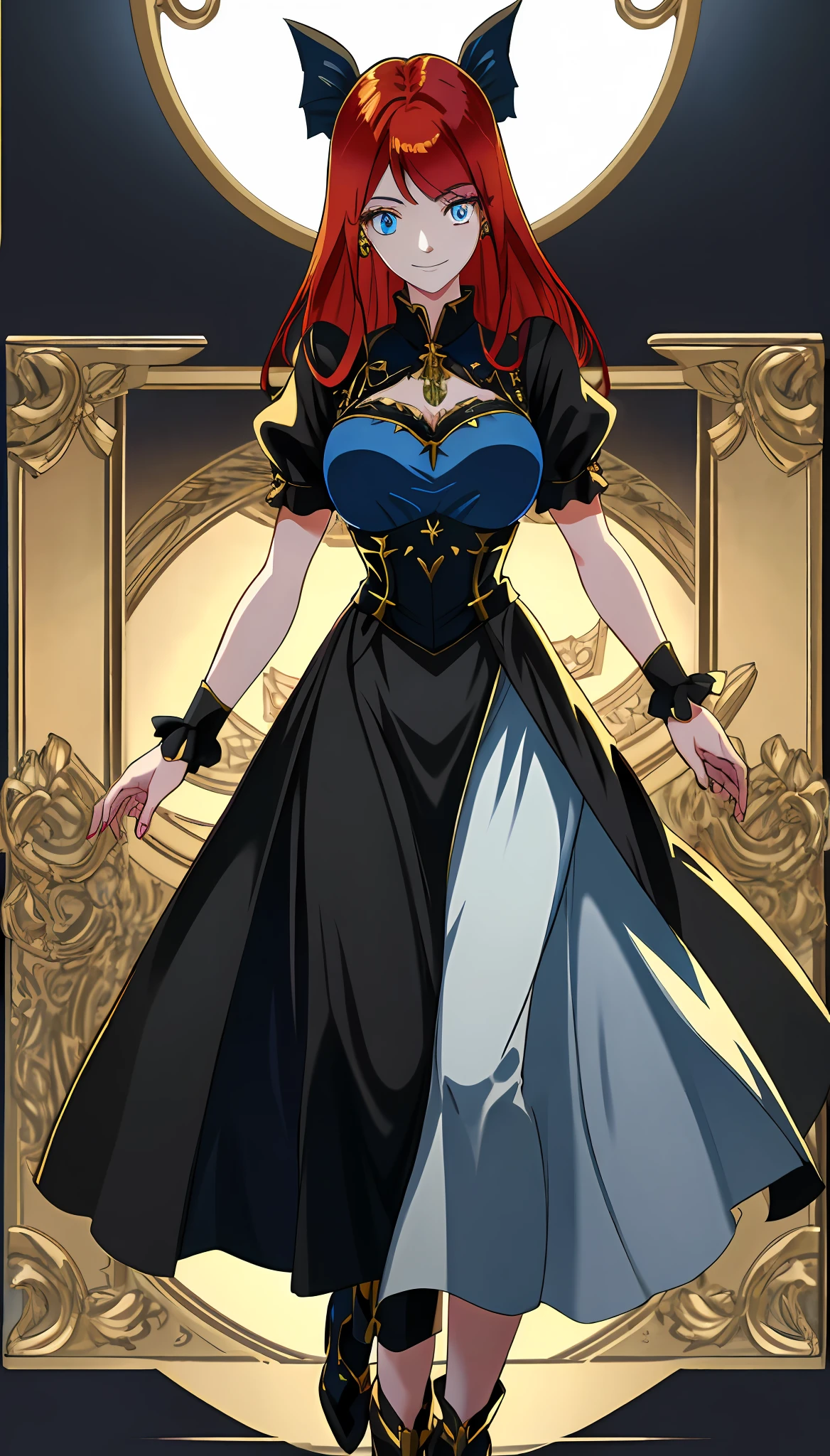 Gelois eyes, redhead, black maid outfit, 1girl, large breasts, light grin, 1girl, glassy eyes, hands behind back, arms behind bac, arms out of frame, arms behind back, hands out of frame, reflective eyes, eyes perfect details, glassy eyes, blue eyes, gold corridor background