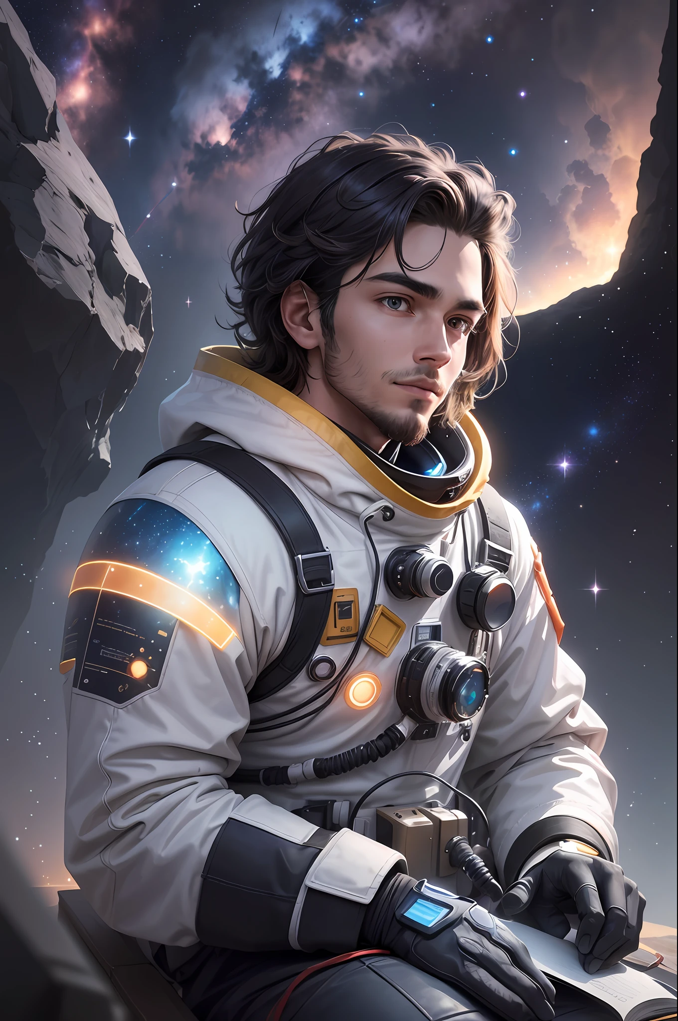 Draw a young programmer sitting on a research platform floating in the middle of an asteroid belt. The platform is composed of transparent glass panels that show the vastness of the space beneath it. The young man is immersed in his work, using an advanced notebook with a holographic interface. It is surrounded by several asteroids, each emitting an aura of glowing fire that illuminates the environment around it.
The scene is bathed in dramatic illumination, coming from the distant stars and nearby planets. This diffused light creates deep shadows on the young man's spacesuit, highlighting the details of his equipment and the technological tools that surround him. His spacesuit is modern and elegant, combining functionality and style.
The young programmer, with a confident and determined expression, is looking at the vast and mysterious universe with admiration and respect. He has a well-groomed beard that gives a touch of maturity to his youthful face. In addition, he wears a "cowboy shot" style hat, adding an element of personality to his look.
In the background, we can glimpse other distant asteroids, forming a scenario that extends to the cosmic horizon. Colorful planets and bright stars dot space, creating a spectacular landscape. These celestial elements complement the sense of wonder and discovery that permeates the scene.
I hope this enhanced description can provide an ultra realistic and detailed image for your prompt. Keep in mind that the quality of the final image may depend on the image-generating AI you're using. Have fun exploring this fascinating scenery!