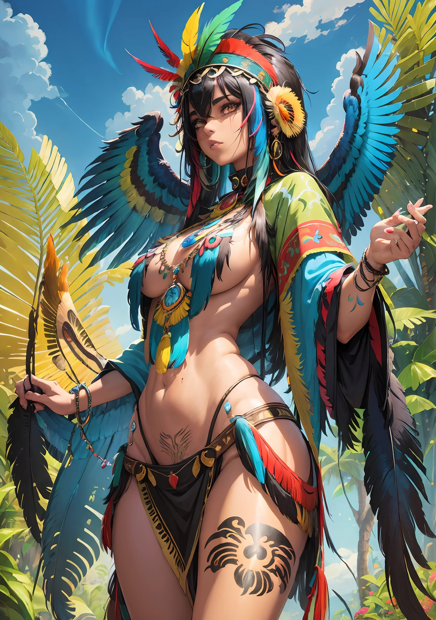 Wild Xavante India with a beautiful huge macaw blue parrot feather wing falling from the sky, extreme tanned skin, extreme long black straight hair messes over naked breast, huge macaw blue parrot feather headdress, big cheeks, long legs, curvy, indigenous yellow and green breast painting, breast painted blue and yellow, indigenous yellow and green facial painting, huge macaw blue parrot feather necklace, honey eyes (best illustration), Vivid colors, super detailed, ray tracing, masterpiece, best quality, ultra quality, absurd details, (best light), (best shadow), sharp, sharp image, detailed, extremely detailed, great resolution, 8k, 4k, uhd, volumetric, shiny armor, (particle effects),