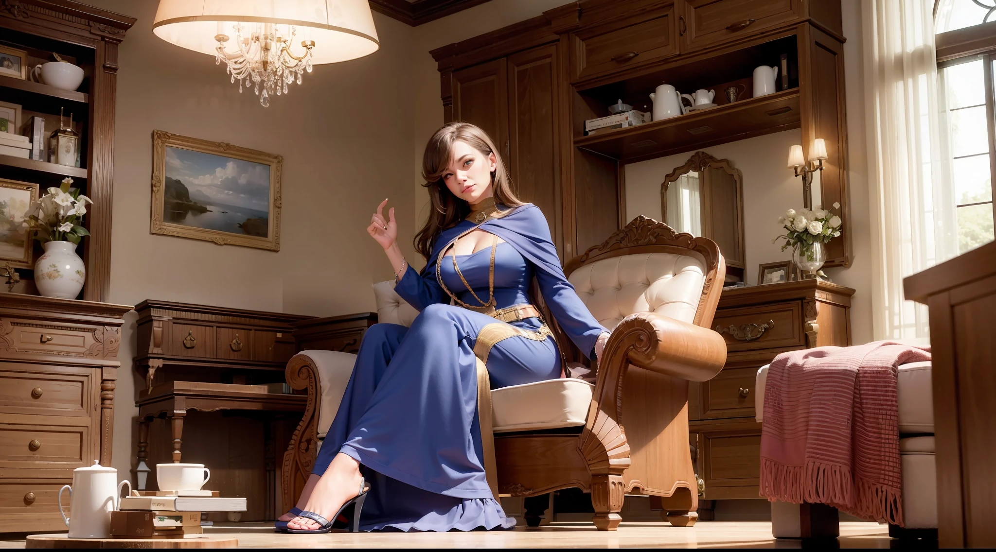 Northern-looking woman sitting in the chair, with jenas pants and orange mold, woman of 50 years, air of mystery, realistic, photorealistic, 3d, telling a story, air of suspense, ultrarealistic, details in the environment, room with cabinets and books,, with light on, woman not so close, image grandangula, woman with brown hair, woman on her back telling the story, Cabinets in the living room --auto --s2