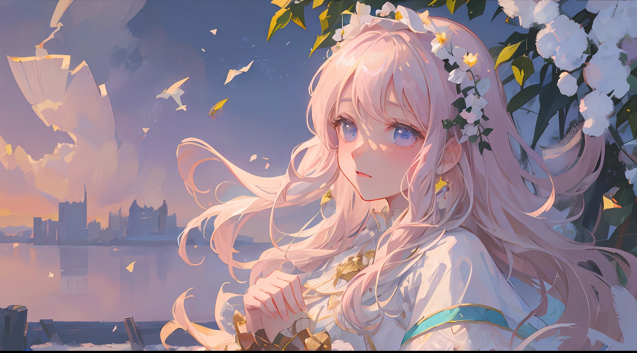 (1girl:1.2), slight blush, wavy hair, fluffy hair, pastel hair, capelet, lace trim, lace, frills, ****ta, elegant, bodice,  light smile, peaceful, (winter:1.1), snow, nature, princess, royal, extremely detailed, detailed background, beautiful  background, depth of field, cinematic lighting, Ghibli-like colours, high detail, scenery, horizon, wind, wind blow, looking at viewer, ****ta clothes, 8k, bokeh, award winning, (masterpiece:1.2), best quality, anatomically correct, perfect hands