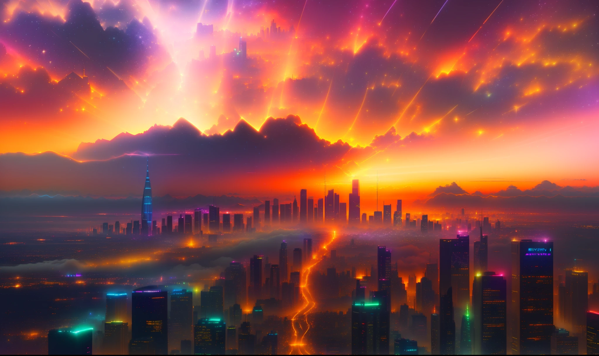 ((Beautiful cityscape)), City sunset, ((Colorful sky)), ((Ultra Wide View)), ((HD Night View)), ((Ethereal Starlit City)), ((Brilliant Neon Lights)), ((Gradient Shades of Sunset))), ((City with Mist)), ((City with Mist)), ((City at dusk)), ((Looming City)), ((Detailed City Vista))