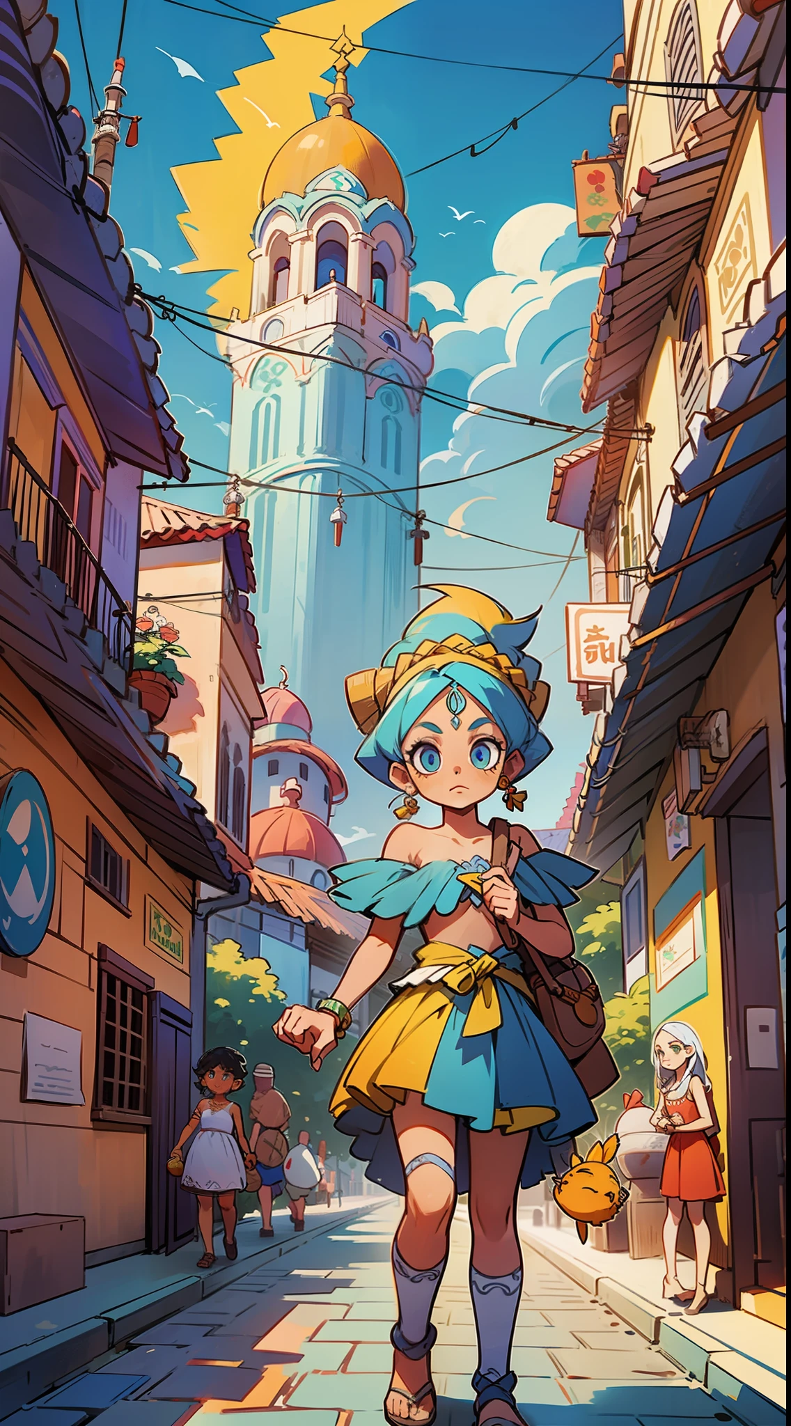 concept of a Brazilian folklore character, in the background a beautiful city