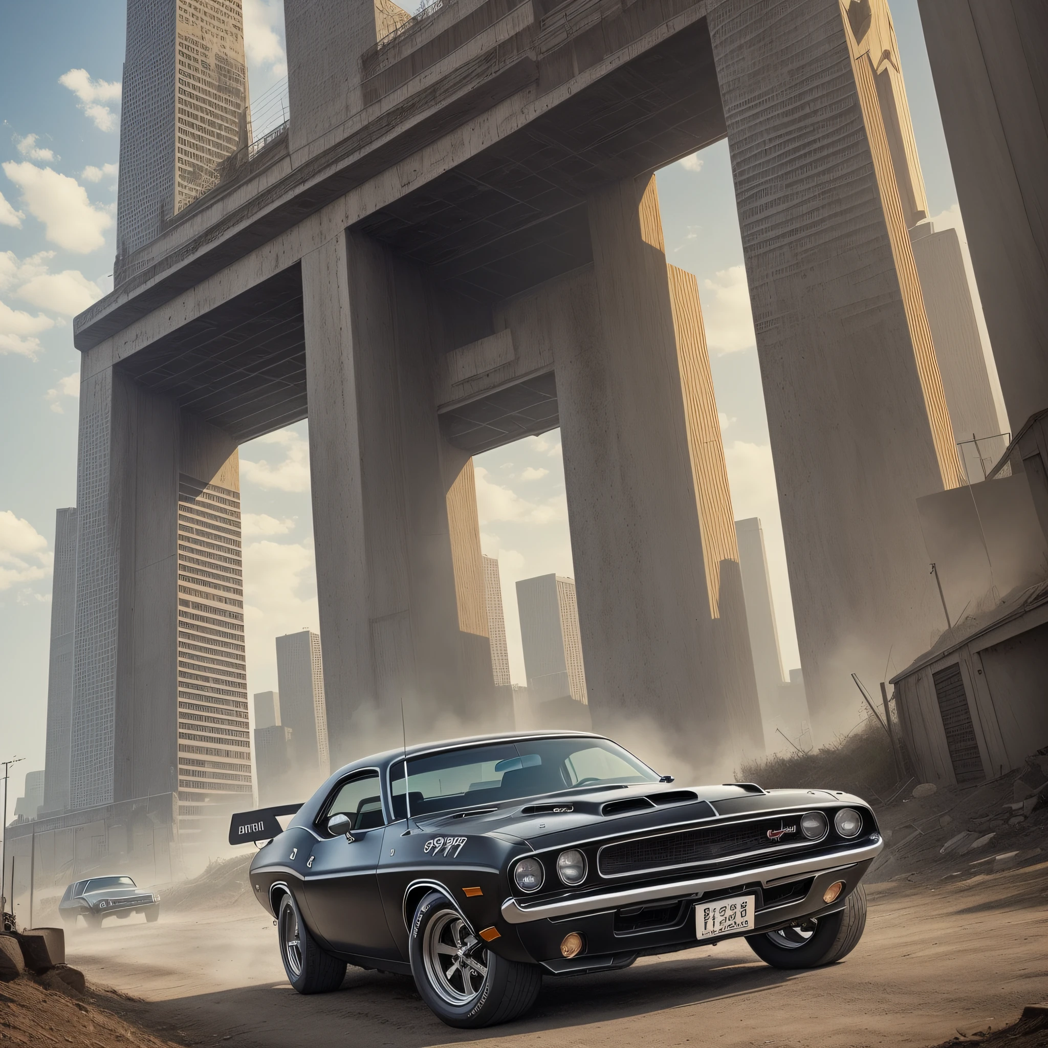 Create a Black 1970 Dogde Challenger on a post-apocalyptic road --auto --s2