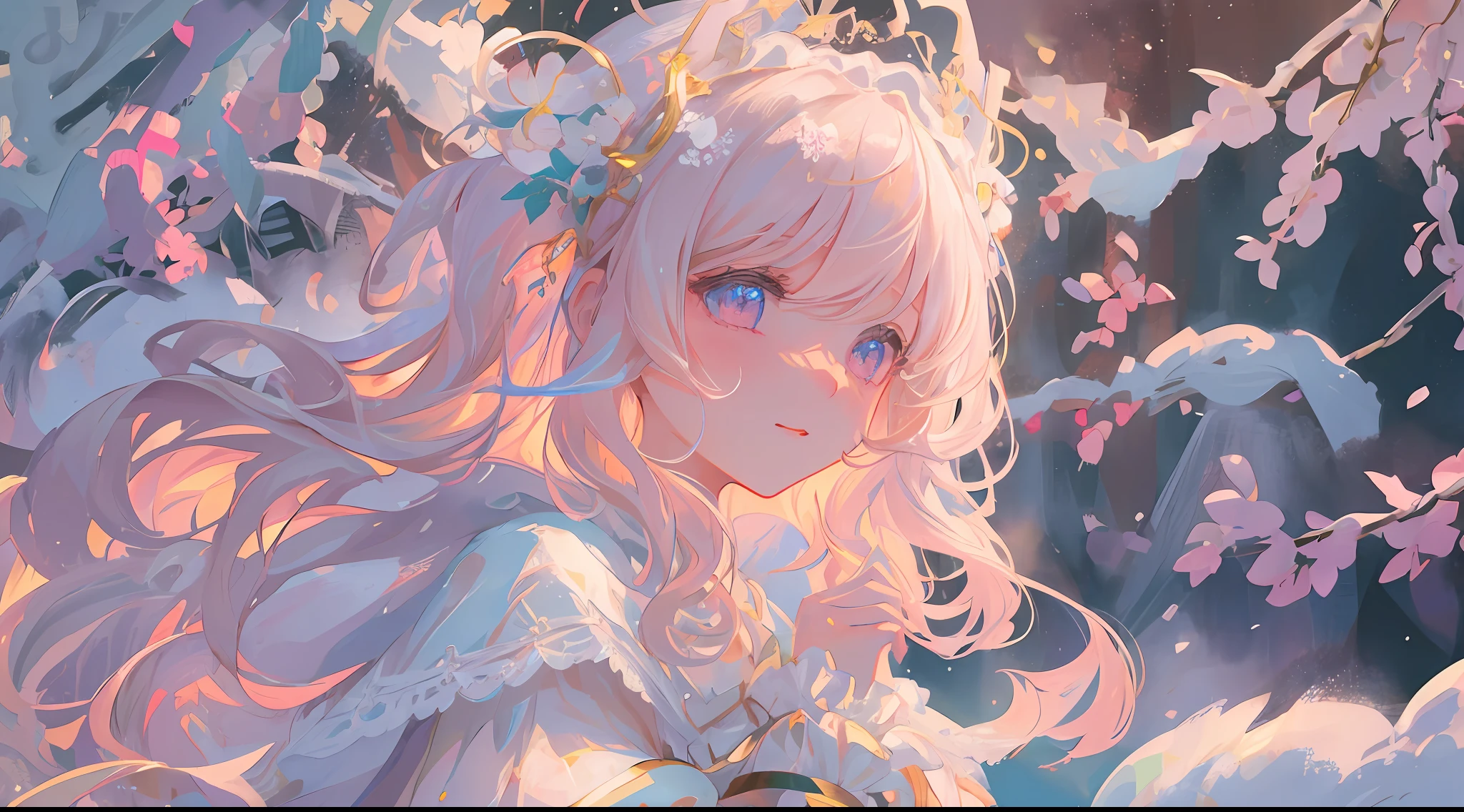 (1girl:1.2), slight blush, wavy hair, fluffy hair, pastel hair, capelet, lace trim, lace, frills, ****ta, elegant, bodice,  light smile, peaceful, colorful, (winter:1.1), snow, nature, princess, royal, extremely detailed, detailed background, beautiful  background, depth of field, cinematic lighting, Ghibli-like colours, high detail, scenery, horizon, wind, wind blow, looking at viewer, ****ta clothes, 8k, bokeh, award winning, (masterpiece:1.2), best quality, anatomically correct, perfect hands