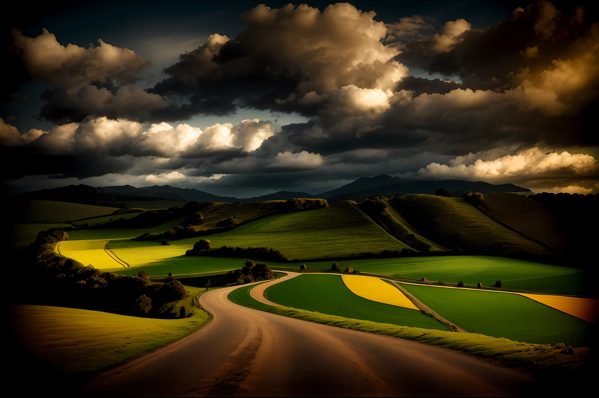 Color photographs of winding roads in fields, dramatic skies and landscapes, rolling foothills, Matthias Storm, moody skies behind, contemplative clouds", Matthias Wescher, Daniel Siggs, moody morning light, moody evening light, sweeping landscape, moody environment, distant valley, wide-angle landscape, moody scene