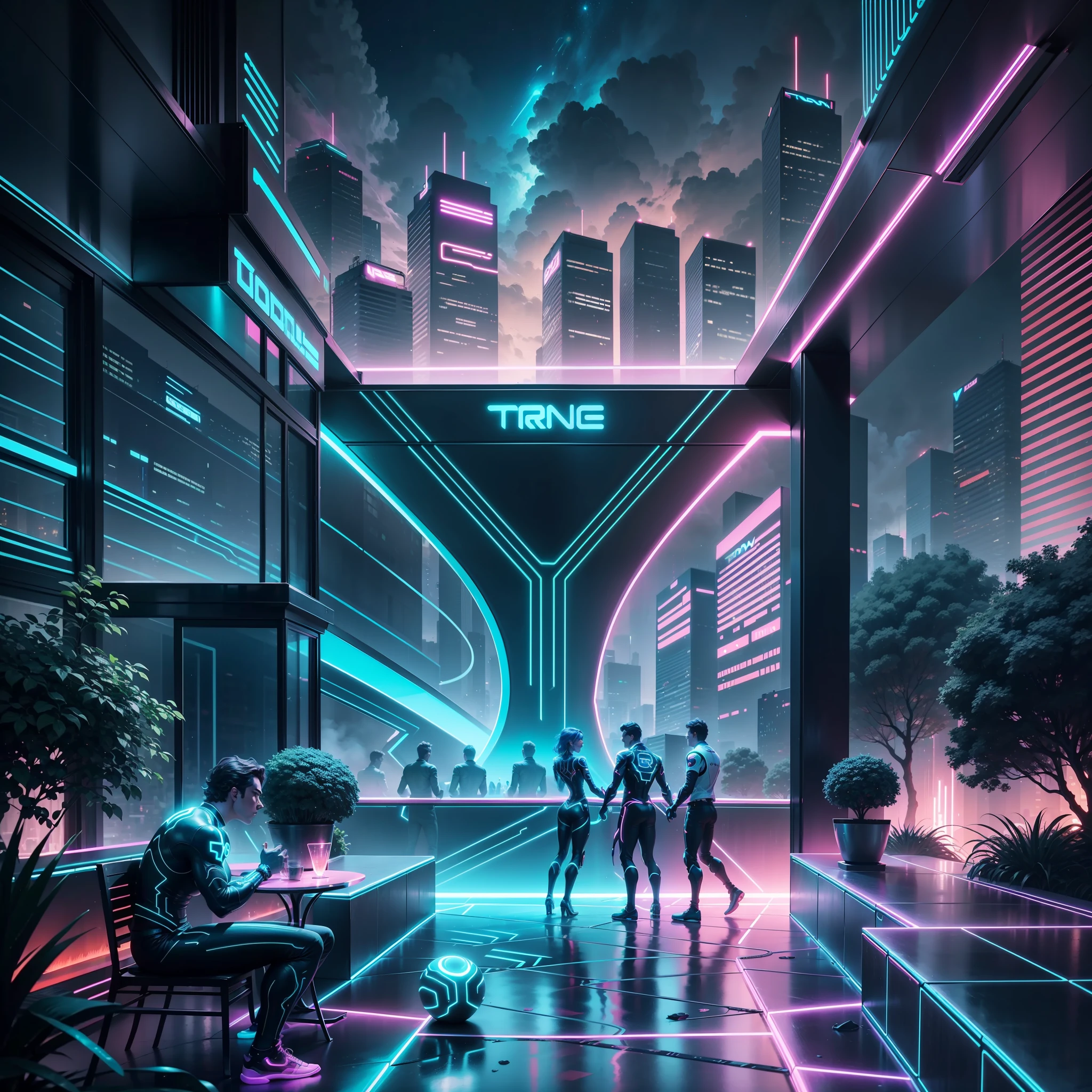 Create a vibrant ambience on a terrace inspired by the fantastic universe of Tron - The Legacy, flooded by the glow of ultra-realistic neon, filled with people dancing, kissing, singing, in a night full of life and energy