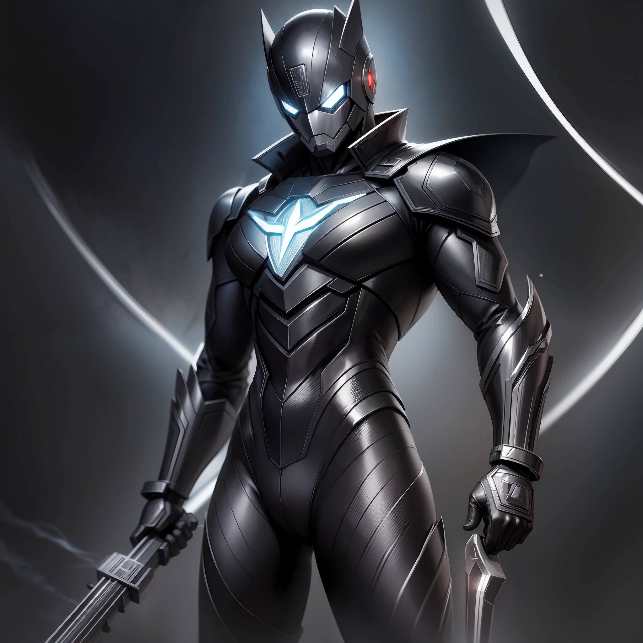 Superhero with dark atmosphere, black suit decorated with silver lines, symbol on chest, weapon in hand, energy, futuristic city, high quality, super detailed