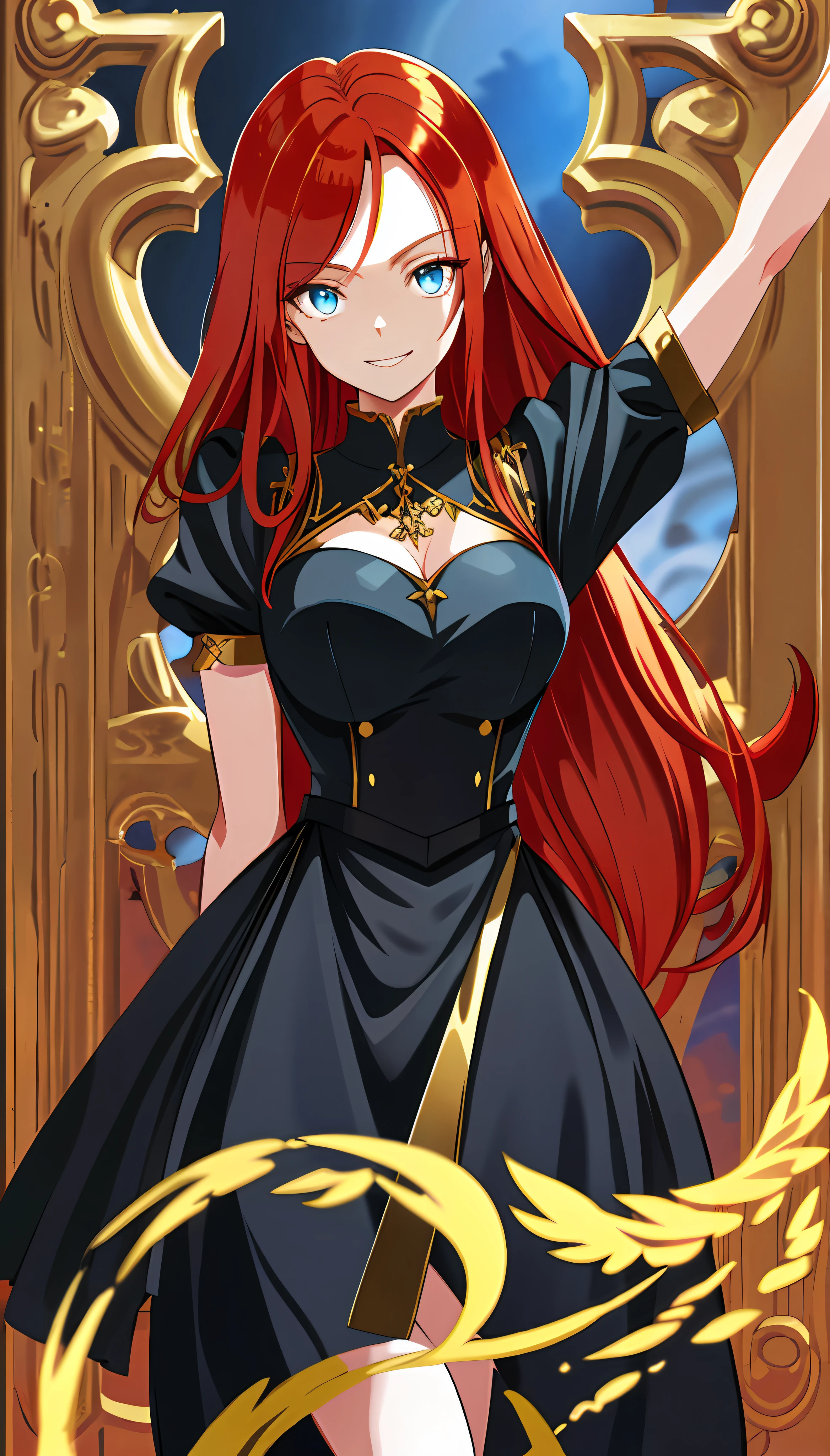 Gelois eyes, redhead, black maid outfit, 1girl, large breasts, light grin, 1girl, glassy eyes, hands behind back, arms behind bac, arms out of frame, arms behind back, hands out of frame, reflective eyes, eyes perfect details, glassy eyes, blue eyes, gold corridor background