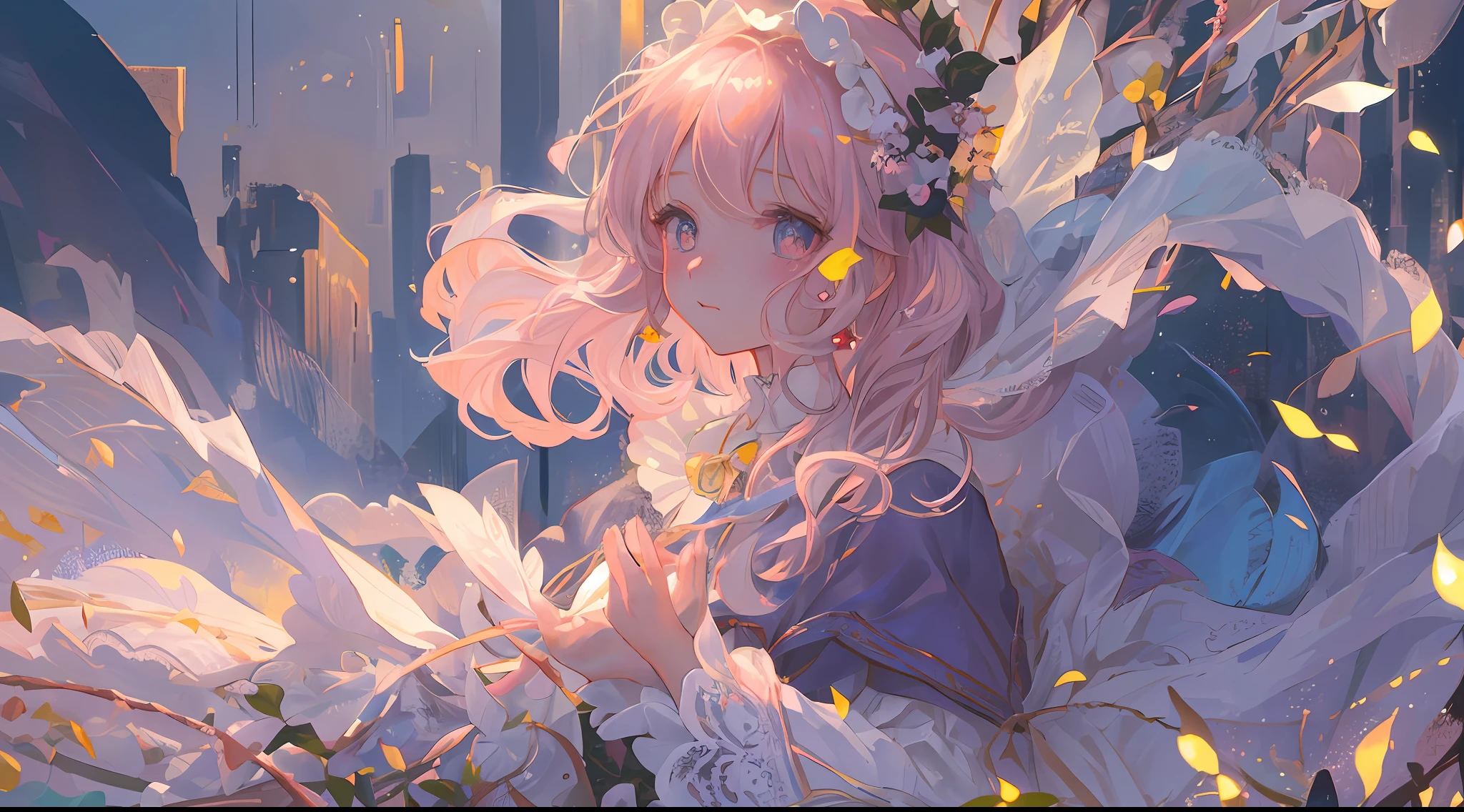 (1girl:1.2), slight blush, wavy hair, fluffy hair, pastel hair, capelet, lace trim, lace, frills, lolita, elegant, bodice, light smile, peaceful, colorful, (winter:1.1), snow, nature, princess, royal, extremely detailed, detailed background, beautiful background, depth of field, cinematic lighting, Ghibli-like colours, high detail, scenery, horizon, wind, wind blow, looking at viewer, lolita clothes, 8k, bokeh, award winning, (masterpiece:1.2), best quality, anatomically correct, perfect hands