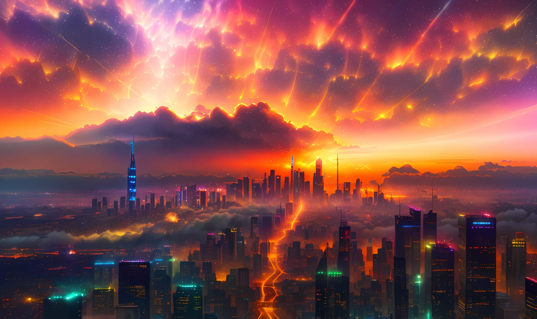 At sunset, a brightly coloured, mist-soaked cityscape unfolds. Starlight in the sky sets off the city's sunset lights and neon lights. Fantasizing about futuristic cyberpunk landscapes, the city will become more beautiful and shiny in the future. In the far afar of the city, a fire is burning, but it cannot spoil this beautiful sight. This is a high-definition anime city background that immerses you in the imagination of the future.