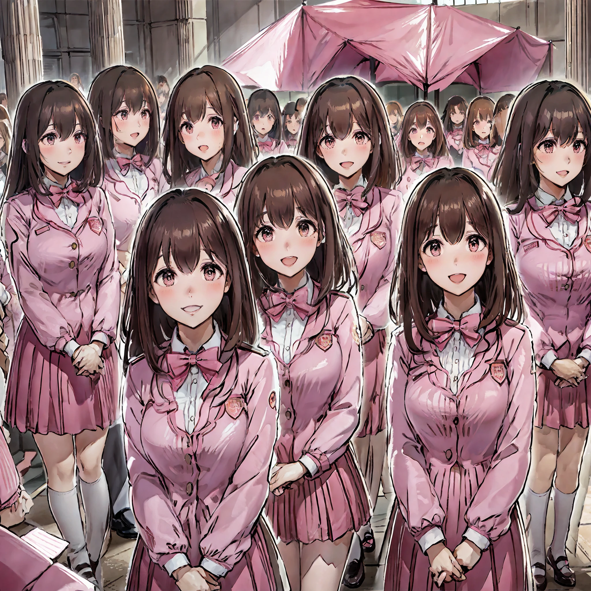 perfect anime illustration, multiple girls, thousands of girls, millions of girls, clones, identical sisters, neat rows of sisters, neat columns of sisters, sisters standing in formation, sisters in background, brown hair, curly hair, matching hairstyle, hazel eyes, smiling, ((matching outfits, pink uniform, high heels)), matching hairstyles, white background, highres, full body, sisters marching