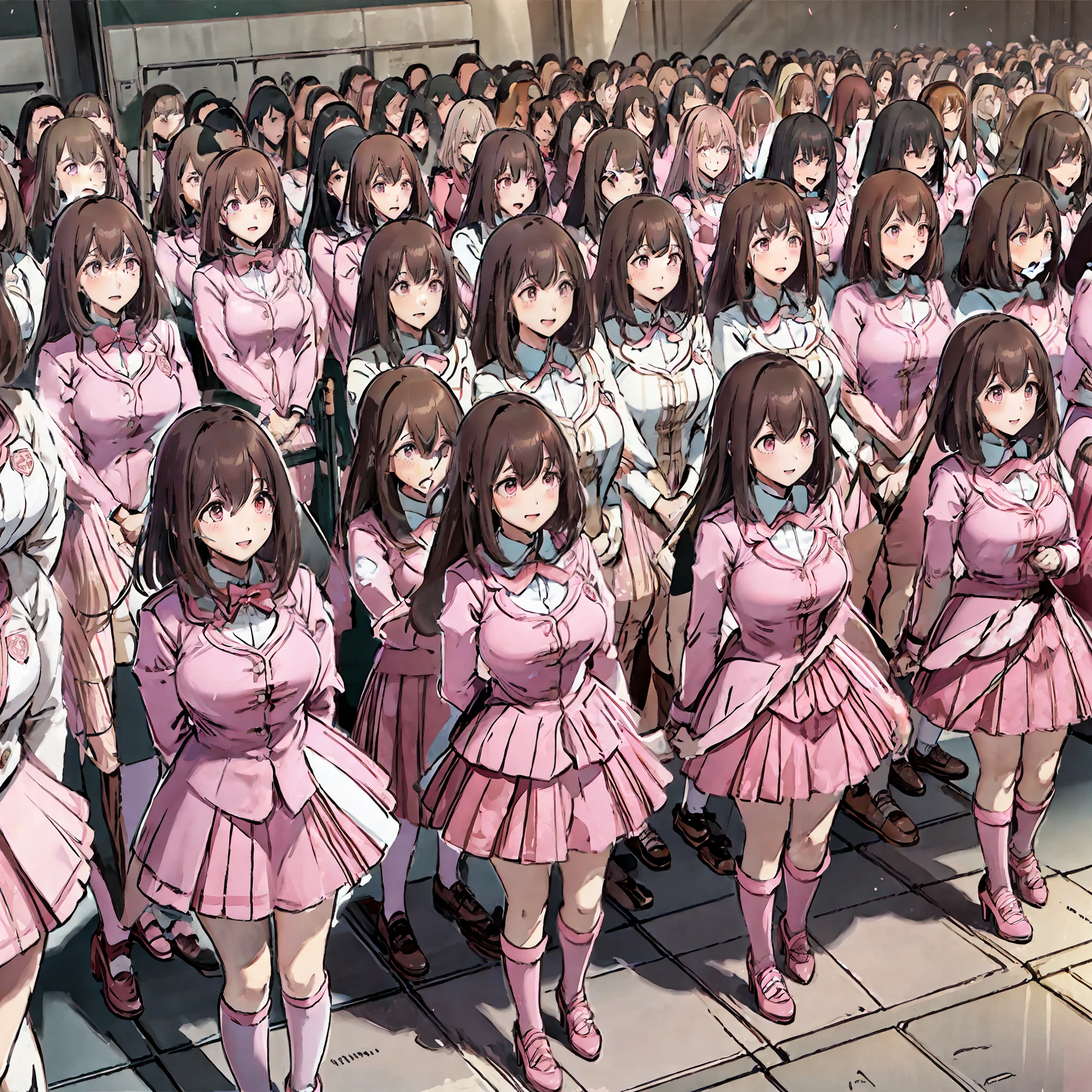 perfect anime illustration, multiple girls, thousands of girls, millions of girls, clones, identical sisters, neat rows of sisters, neat columns of sisters, sisters standing in formation, sisters in background, brown hair, curly hair, matching hairstyle, hazel eyes, smiling, ((matching outfits, pink uniform, high heels)), matching hairstyles, white background, highres, full body, sisters marching