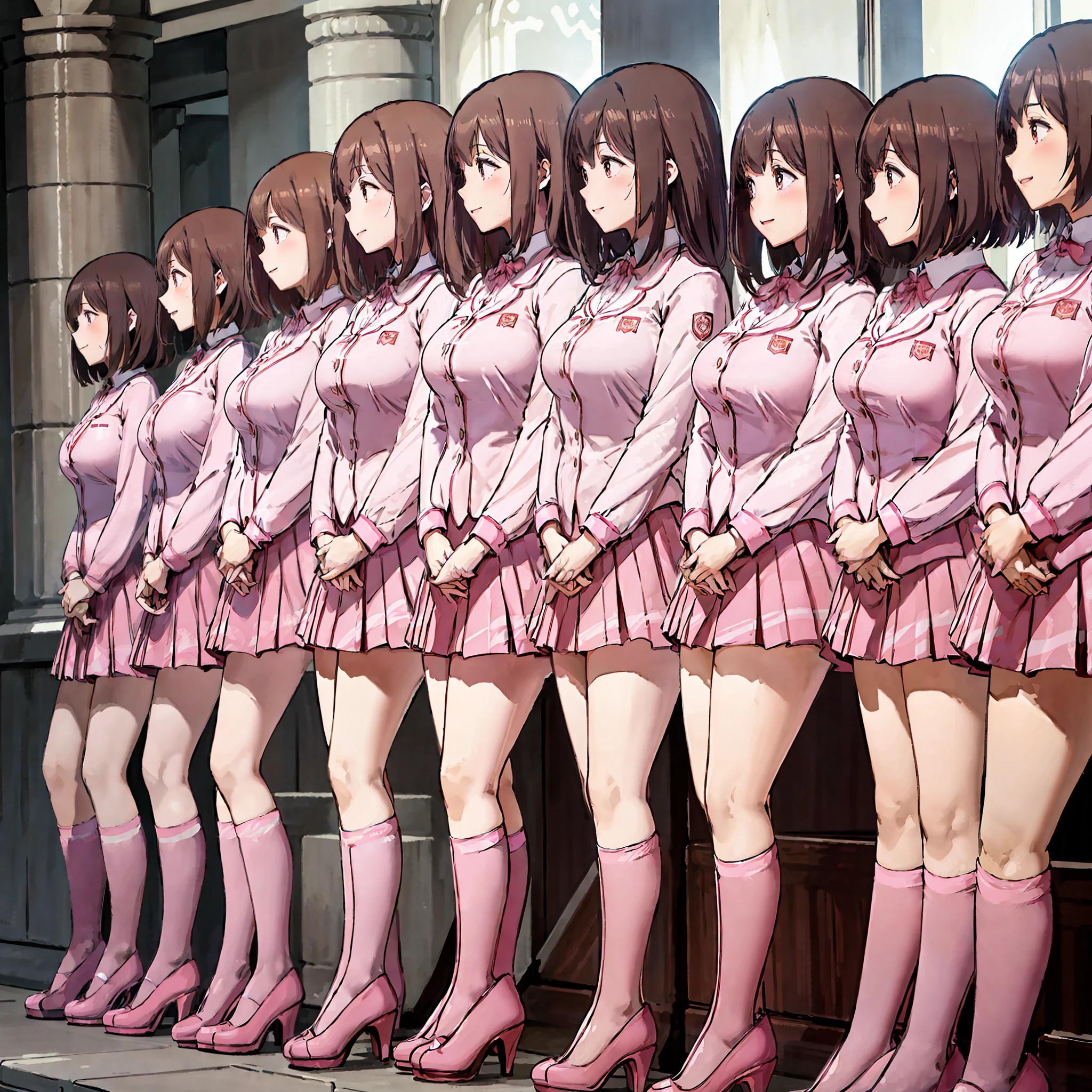 perfect anime illustration, multiple girls, thousands of girls, millions of girls, clones, identical sisters, neat rows of sisters, neat columns of sisters, sisters standing in formation, sisters in background, brown hair, curly hair, matching hairstyle, hazel eyes, smiling, ((matching outfits, pink uniform, high heels)), matching hairstyles, white background, highres, full body, pose