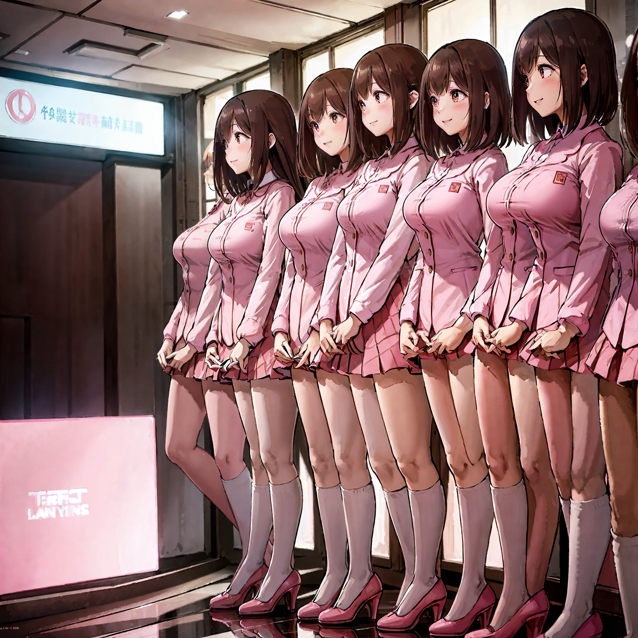 perfect anime illustration, multiple girls, thousands of girls, millions of girls, clones, identical sisters, neat rows of sisters, neat columns of sisters, sisters standing in formation, sisters in background, brown hair, curly hair, matching hairstyle, hazel eyes, smiling, ((matching outfits, pink uniform, high heels)), matching hairstyles, white background, highres, full body, pose