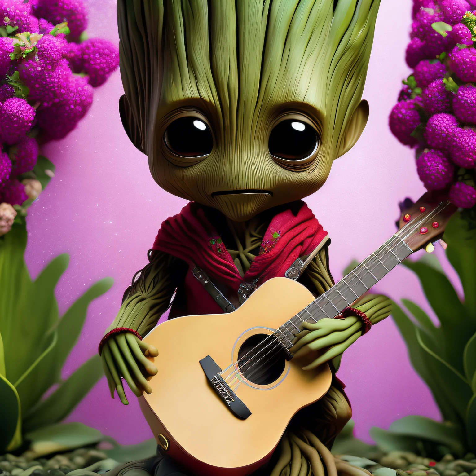 photo realistic portrait of a epic baby groot playing a guitar,  surrounded by flowers, intricate details