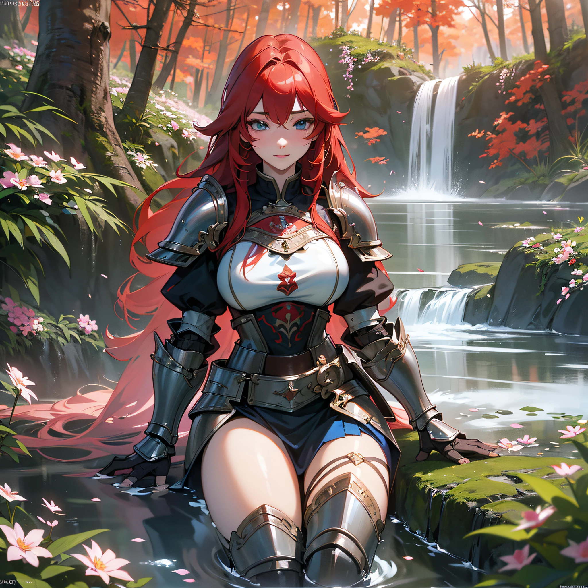 a full-body warrior with two red-haired sword in the forest looking for her enemy blue eyes, armor mixed with medieval clothing, on the side of an ultra realistic waterfall, full body, full of realistic flowers, ultra realistic eye, realistic armor, realistic skin, ultra realistic arm, red mouth, realistic ultra realistic hair, ray tracing in armor, ultra realistic hair,  ulzzang-6500-v1.1, (raw photo: 1.2), (photorealistic: 1.4), CG, 8k wallpaper, amazing, fine detail, masterpiece, best quality, very detailed CG, long red hair, side divisions, (large breasts), (no panties)), global lighting --auto --s2