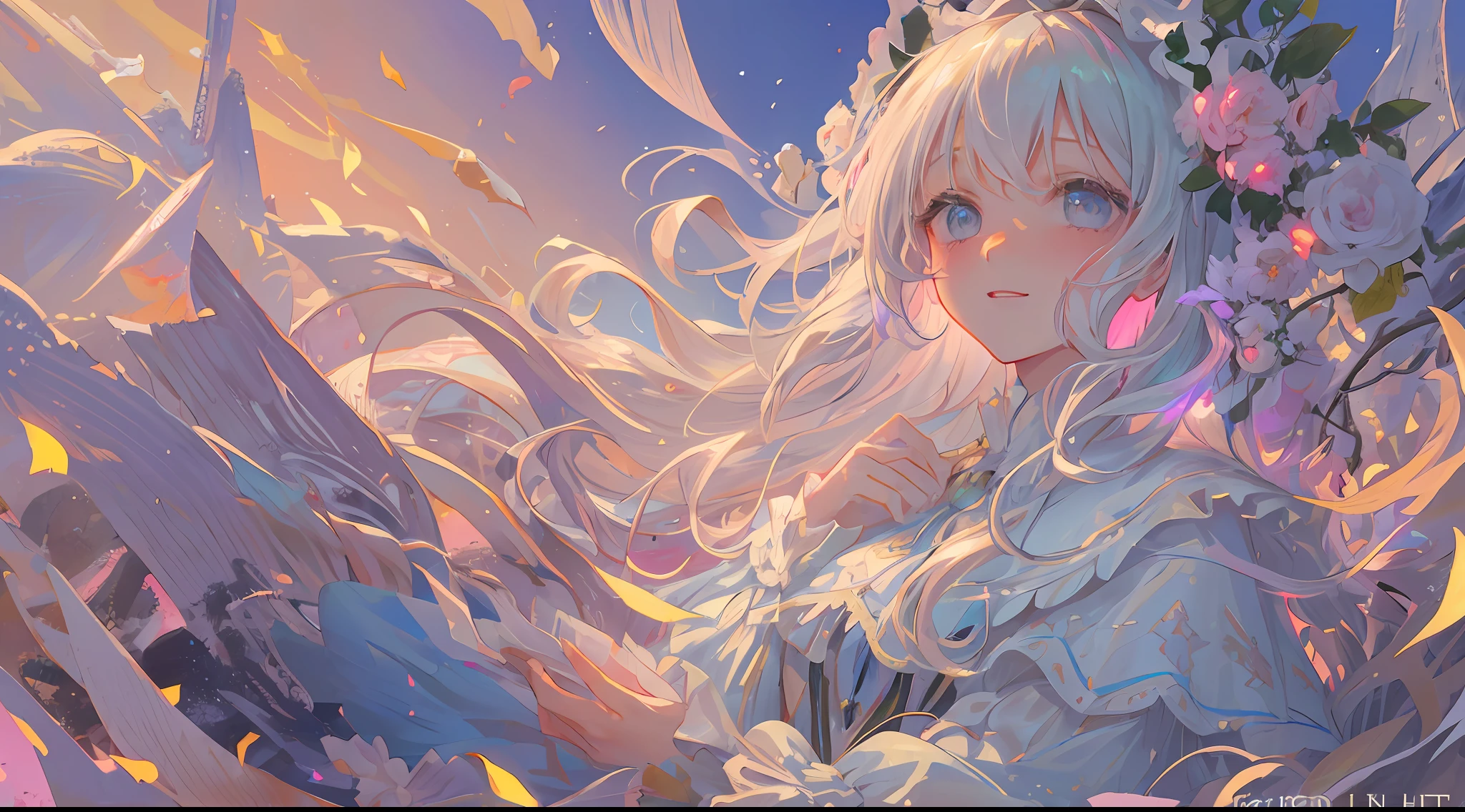 (1girl:1.2), slight blush, wavy hair, fluffy hair, pastel hair, capelet, lace trim, lace, frills, ta, elegant, bodice,  light smile, peaceful, colorful, (winter:1.0), snow, nature, princess, royal, extremely detailed, detailed background, beautiful  background, white, depth of field, cinematic lighting, Ghibli-like colours, high detail, scenery, horizon, wind, wind blow, looking at viewer, lolilothes, 8k, bokeh, award winning, (masterpiece:1.3), best quality, anatomically correct, perfect hands