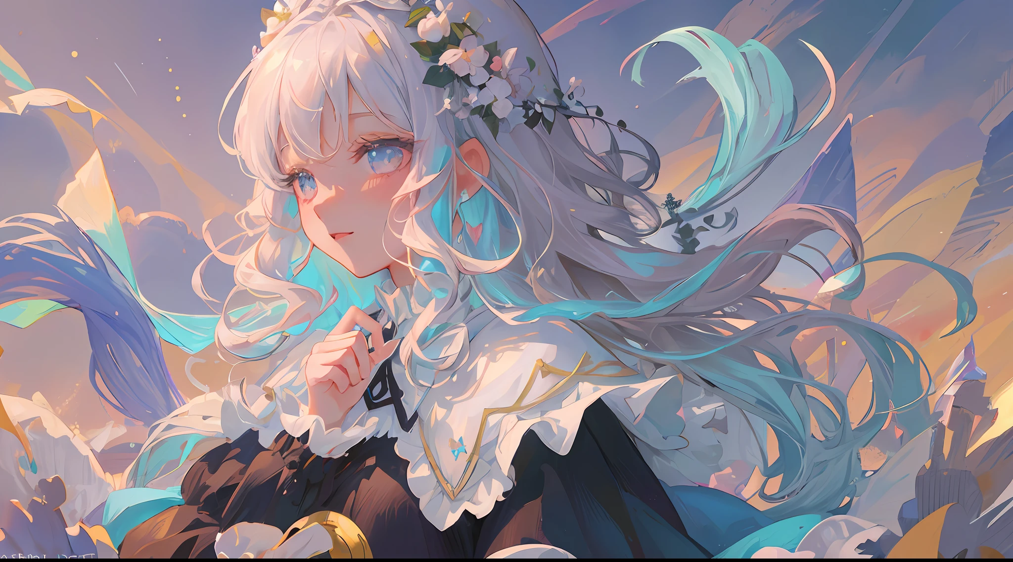(1girl:1.2), slight blush, wavy hair, fluffy hair, pastel hair, capelet, lace trim, lace, frills, lolita, elegant, bodice,  light smile, peaceful, colorful, (winter:1.0), snow, nature, princess, royal, extremely detailed, detailed background, beautiful  background, white, depth of field, cinematic lighting, Ghibli-like colours, high detail, scenery, horizon, wind, wind blow, looking at viewer, lolita clothes, 8k, bokeh, award winning, (masterpiece:1.3), best quality, anatomically correct, perfect hands