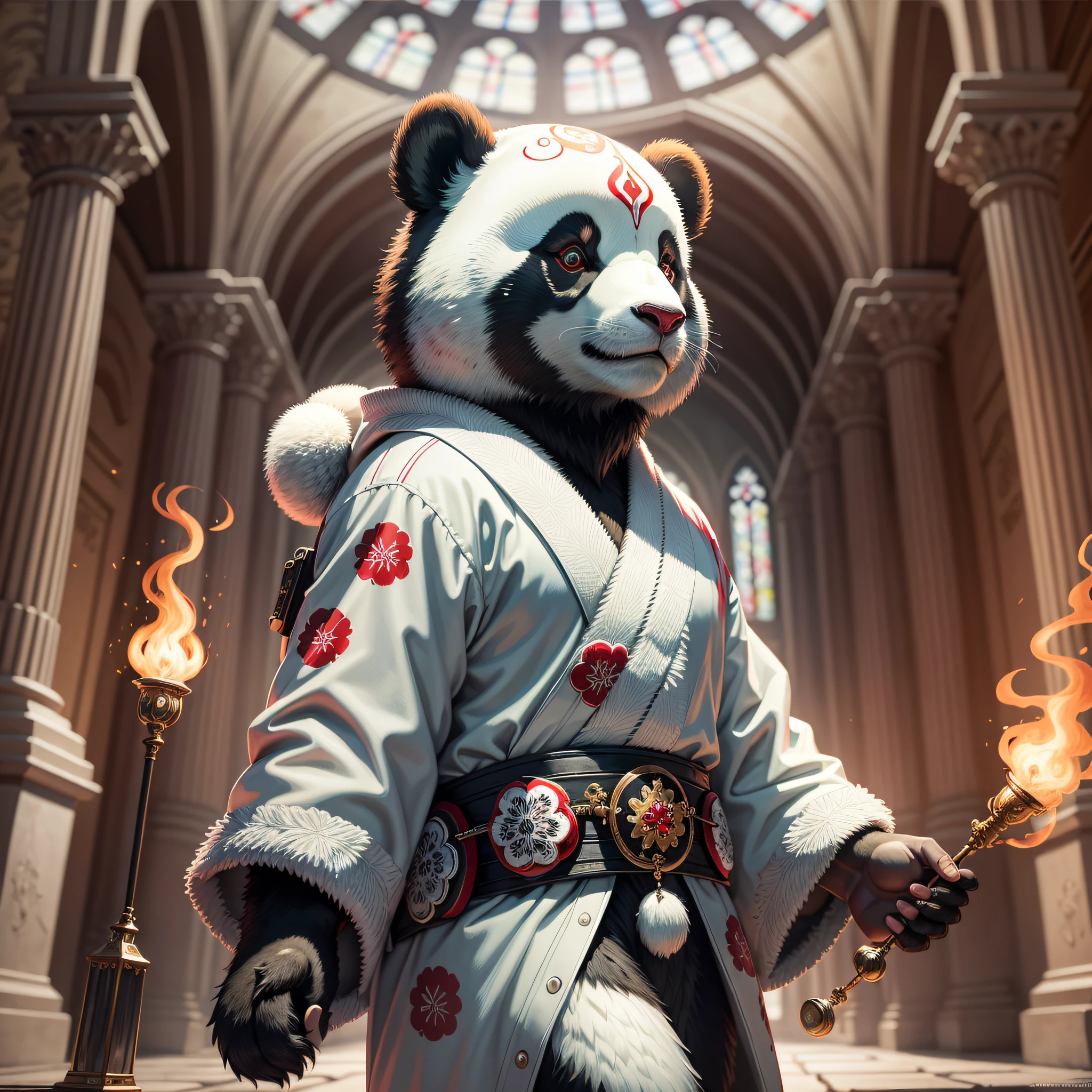 extremely detailed 8k wallpaper), intricate, richly detailed, dramatic, Panda bear with white kimono, ready for combat, Sinister face is drawn with only a pair of red eyes peeking underneath, graphics insanely, light is reflected in the ornaments, bright ashes ooze from the torches in the vaulted passage during the leisurely walk through the gloomy cathedral, Show the whole person with some distance from the surroundings to get your own license.