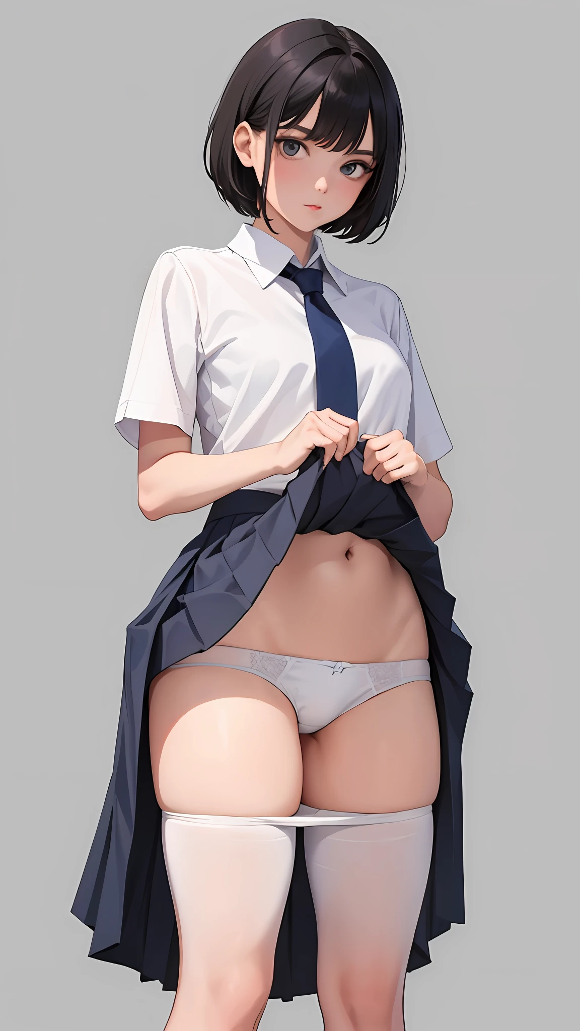 1girl, short hair,(school uniform),(((skirt lift))), ((white panty)), ((show off panty)), bare thigh, bottomless, (no background:1.5)