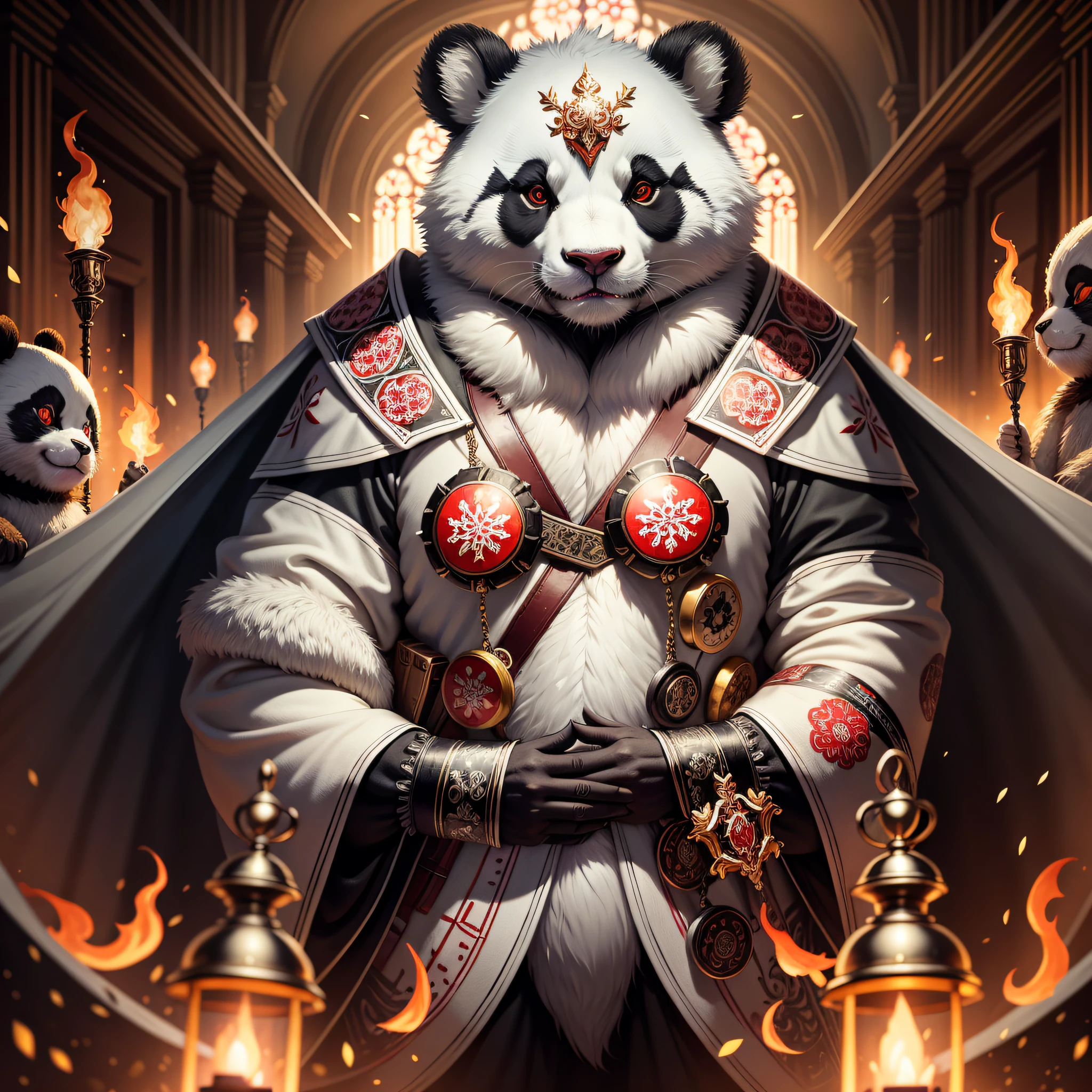 extremely detailed 8k wallpaper), intricate, richly detailed, dramatic, Panda bear with white kimono, ready for combat, Sinister face is drawn with only a pair of red eyes peeking underneath, graphics insanely, light is reflected in the ornaments, bright ashes ooze from the torches in the vaulted passage during the leisurely walk through the gloomy cathedral, Show the whole person with some distance from the surroundings to get your own license.