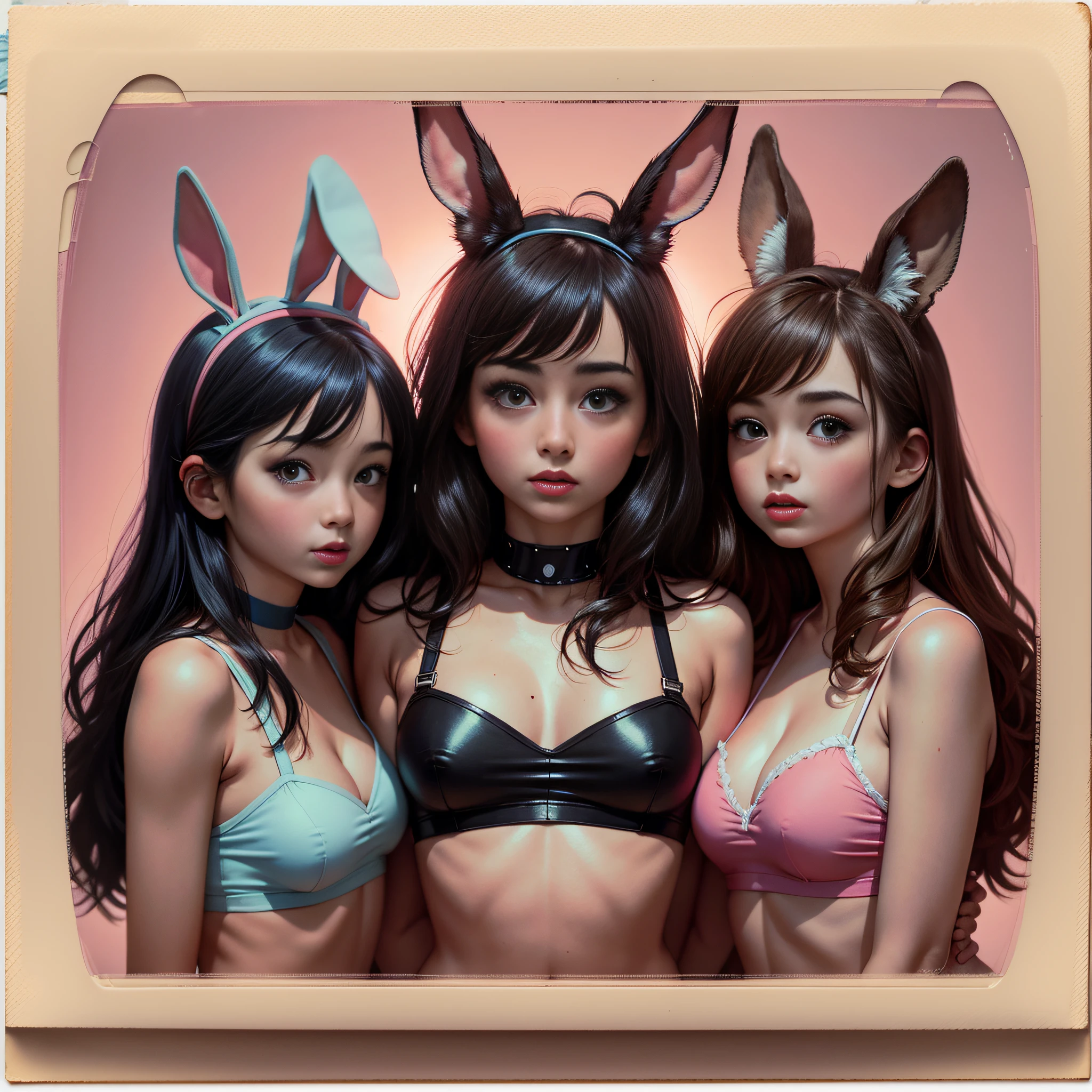 Polaroid film, masterpiece, best quality, 3girls, bunny girl, pink background, ulzzangs