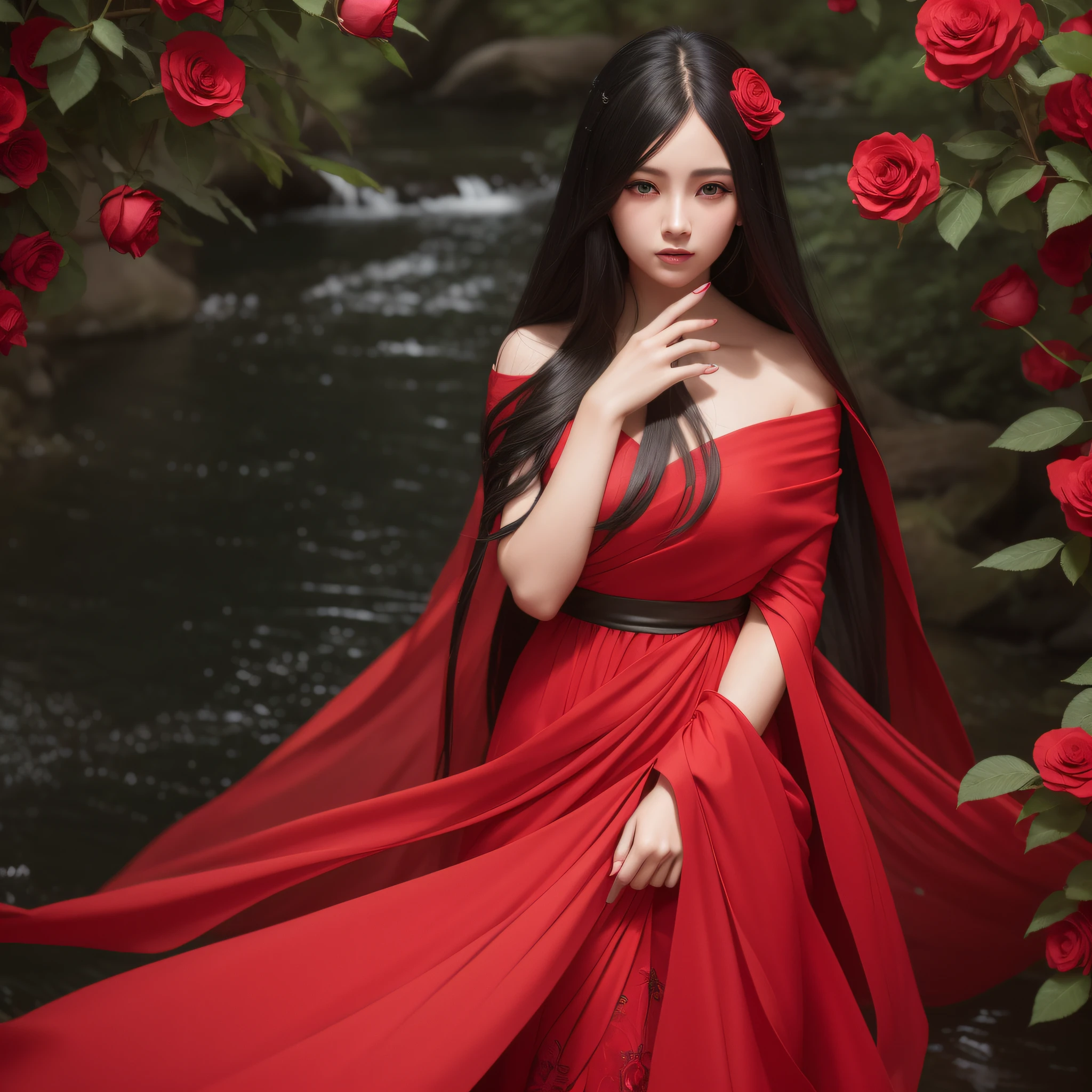Beautiful forest stream, black eyes and beautiful black hair, swaying in the wind, wearing a red dress, detailed and beautiful 8K CG high-resolution wallpaper, delicate expressive, vivid colors, one black rose in the hands and light pouring down.
