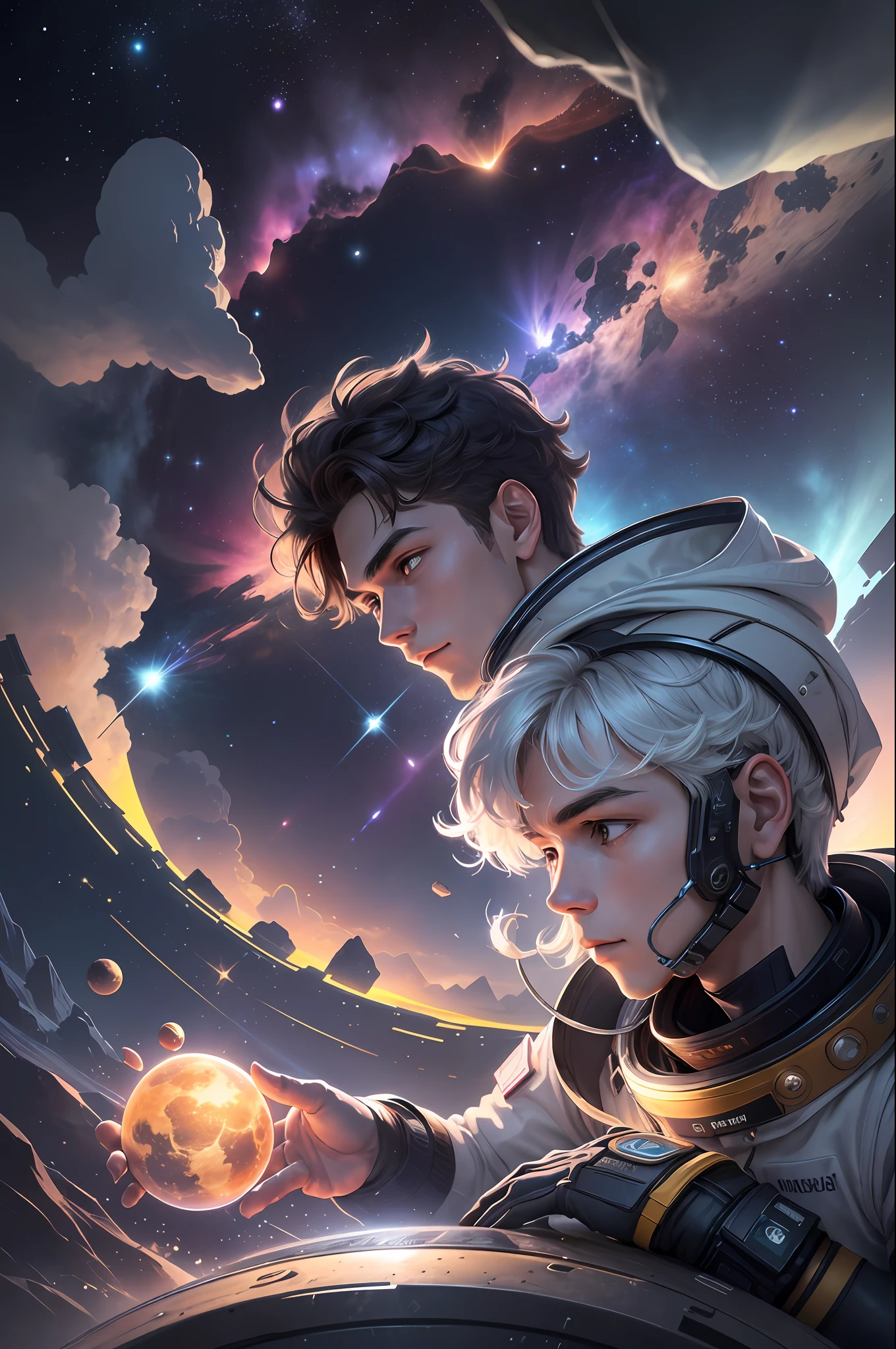 Draw a young programmer sitting on a research platform floating in the middle of an asteroid belt. The platform is composed of transparent glass panels that show the vastness of the space beneath it. The young man is immersed in his work, using an advanced notebook with a holographic interface. It is surrounded by several asteroids, each emitting an aura of glowing fire that illuminates the environment around it.
The scene is bathed in dramatic illumination, coming from the distant stars and nearby planets. This diffused light creates deep shadows on the young man's spacesuit, highlighting the details of his equipment and the technological tools that surround him. His spacesuit is modern and elegant, combining functionality and style.
The young programmer, with a confident and determined expression, is looking at the vast and mysterious universe with admiration and respect. He has a well-groomed beard that gives a touch of maturity to his youthful face. In addition, he wears a "cowboy shot" style hat, adding an element of personality to his look.
In the background, we can glimpse other distant asteroids, forming a scenario that extends to the cosmic horizon. Colorful planets and bright stars dot space, creating a spectacular landscape. These celestial elements complement the sense of wonder and discovery that permeates the scene.
I hope this enhanced description can provide an ultra realistic and detailed image for your prompt. Keep in mind that the quality of the final image may depend on the image-generating AI you're using. Have fun exploring this fascinating scenery!