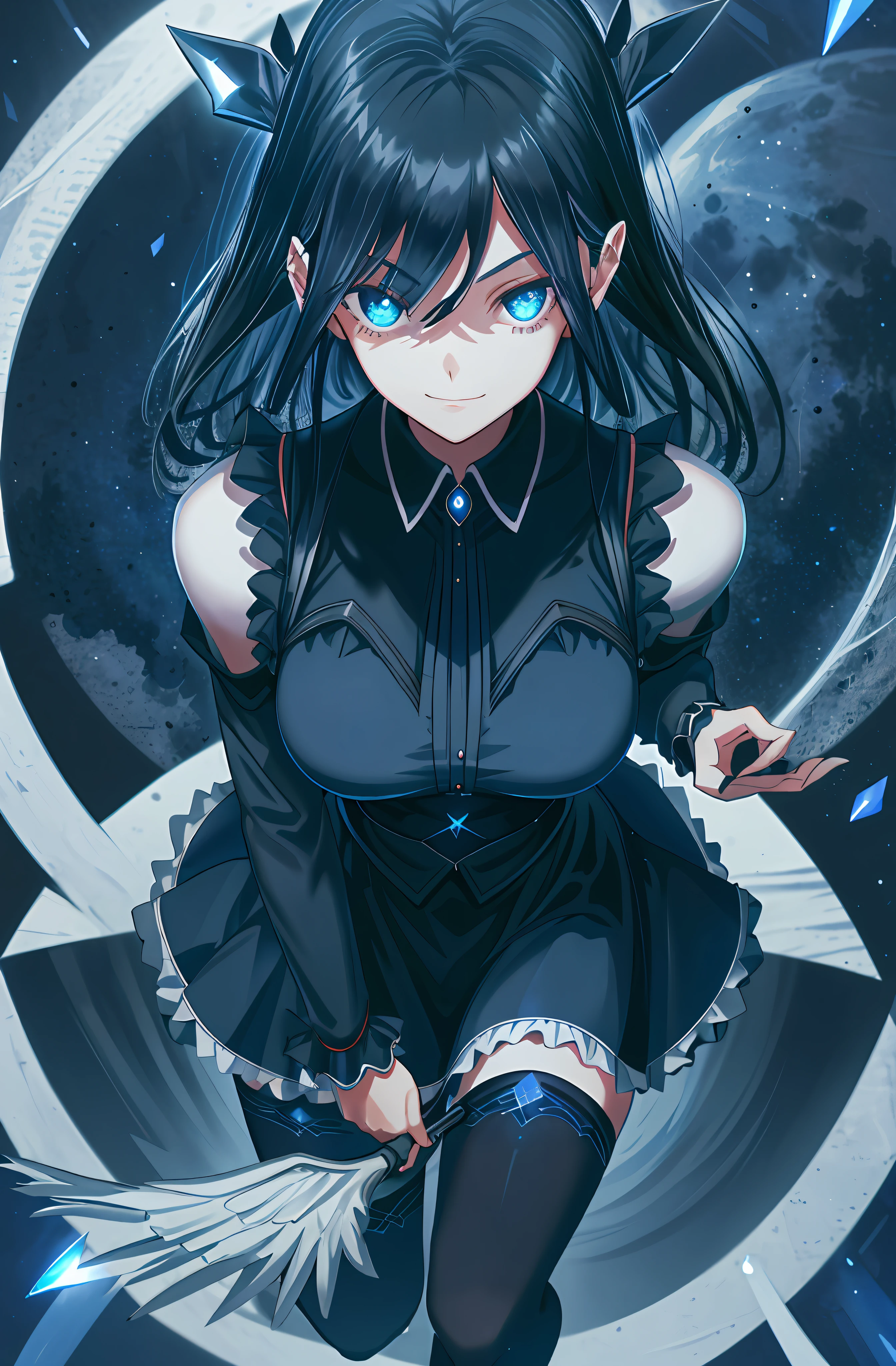 Dark blue eyes, black hair, black maid outfit, 1girl, large breasts, light grin, 1girl, glassy eyes, hands behind back, arms behind bac, arms out of frame, arms behind back, hands out of frame, reflective eyes, eyes perfect details, glassy eyes, dark blue eyes, silver corridor background, full body, black stockings, moon