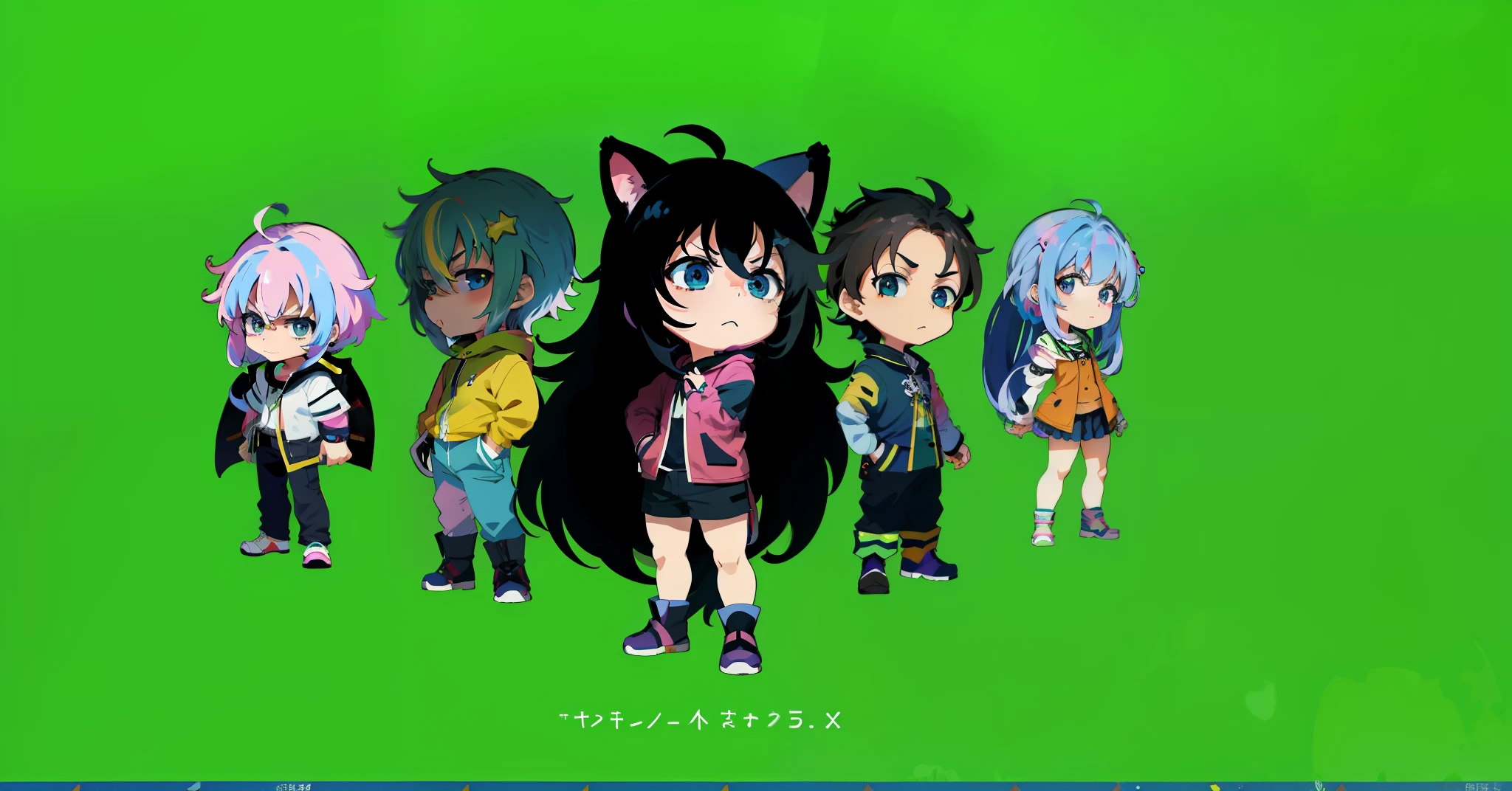 anime characters standing in a line with a green background, flat anime style, anime in fantasy style, anime style. 8k, anime stylized, chibi anime, stylized anime, anime chibi, in anime style, anime style 4 k, anime moe artstyle, advanced digital chibi art, in the art style of 8 0 s anime, chibi style, anime artstyle