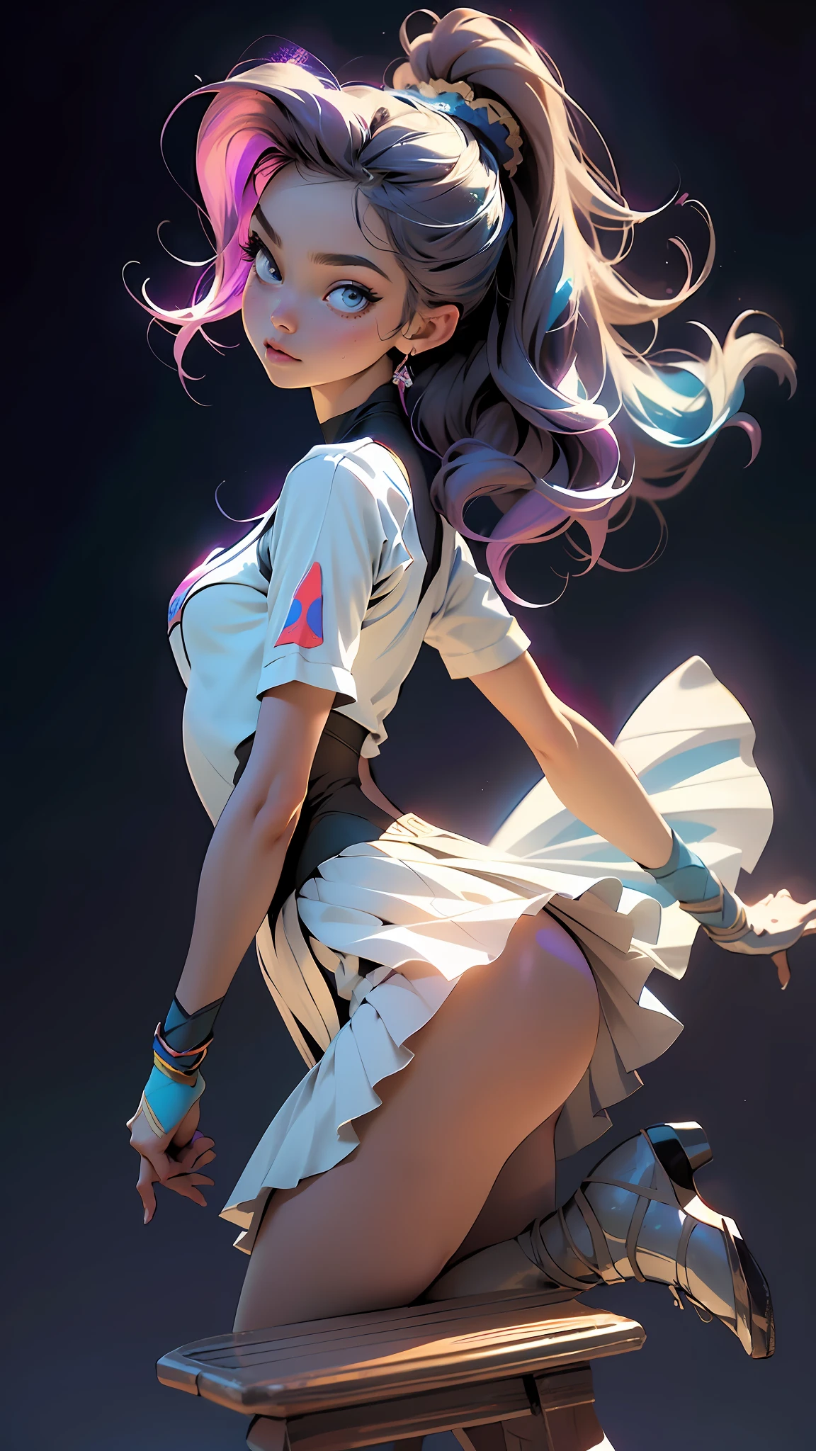 1girl, beautiful detailed face and eyes, COLORFUL hair, ballerina, arabesque, minimalism, side view, dark blue background, simple background, fisheye, masterpiece, highest quality, highest quality, official art, beautiful and aesthetic, lift , colorful ballerina outfit, dynamic poses