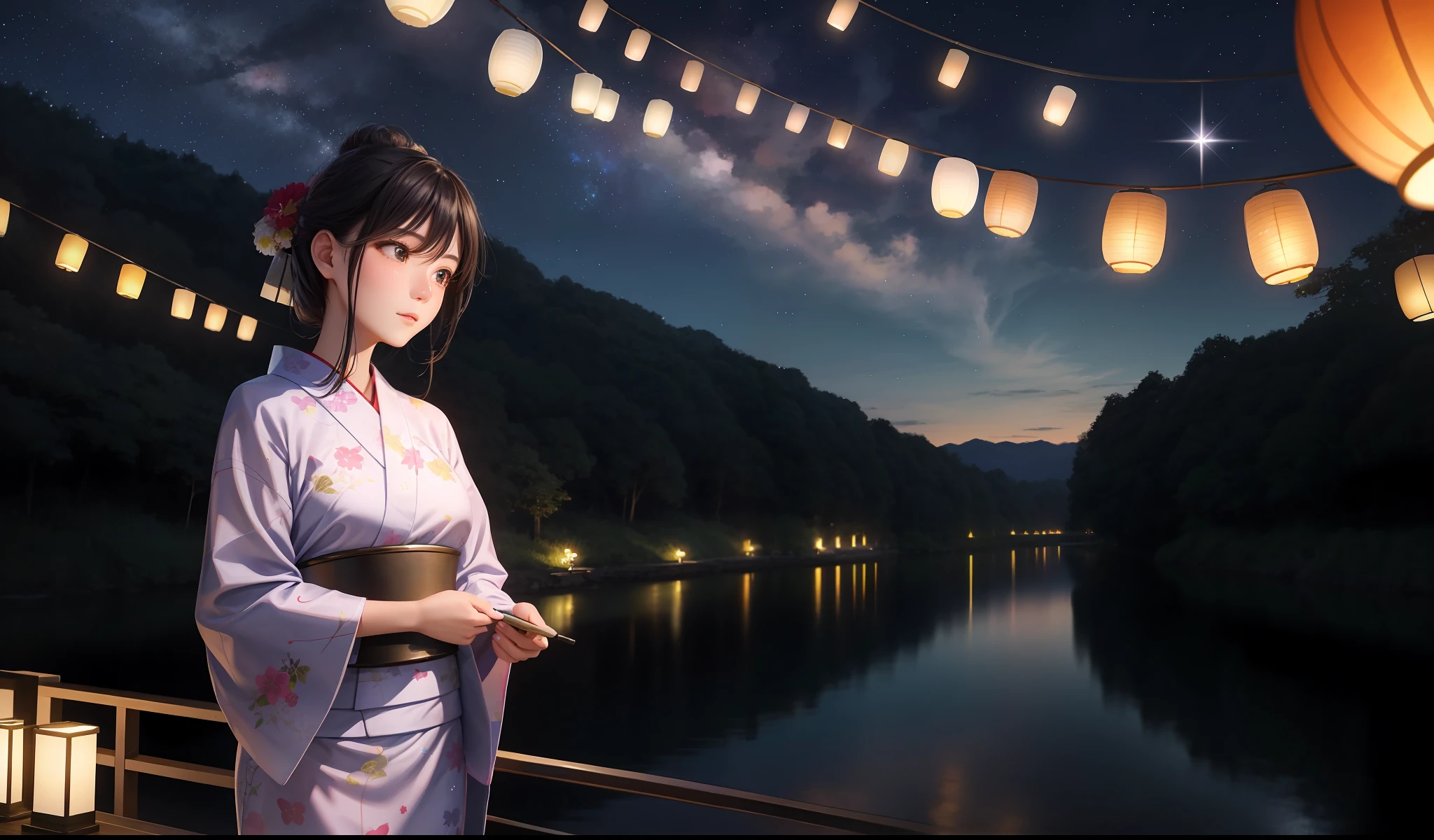 beauty, 25 years old, countryside, yukata, night, starry sky, lantern streaming, river,