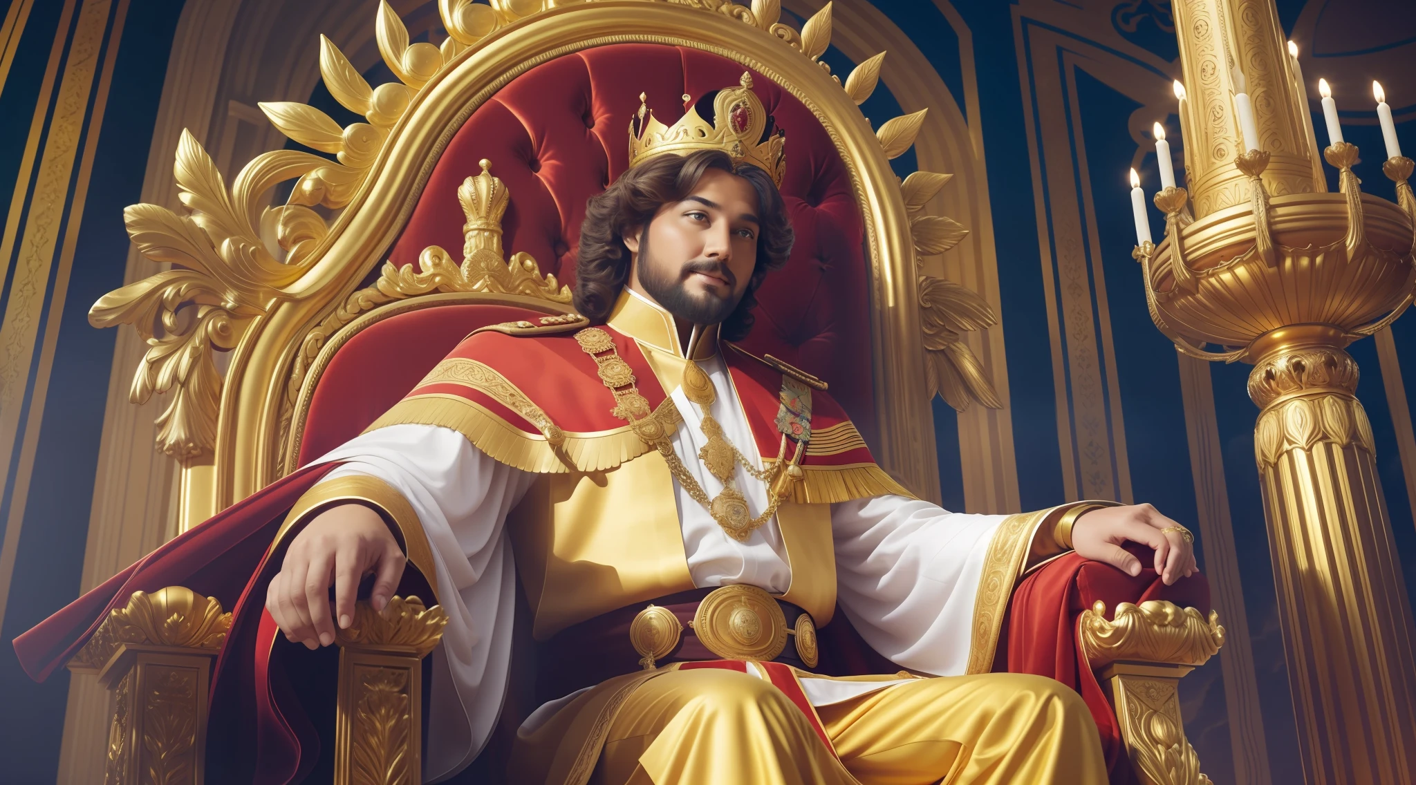 "A happy and charismatic king is sitting on his golden throne, surrounded by a majestic environment. His golden crown is magnificent. The lighting highlights your beauty and good heart. With a gentle and warm smile, he emanates an aura of kindness and trust. His dominant and elegant posture conveys his power. The camera focuses on the king's face, revealing his shorter stature and the fat figure that adds to his charm. His presence is majestic and noble." the king is overweight. Sword.