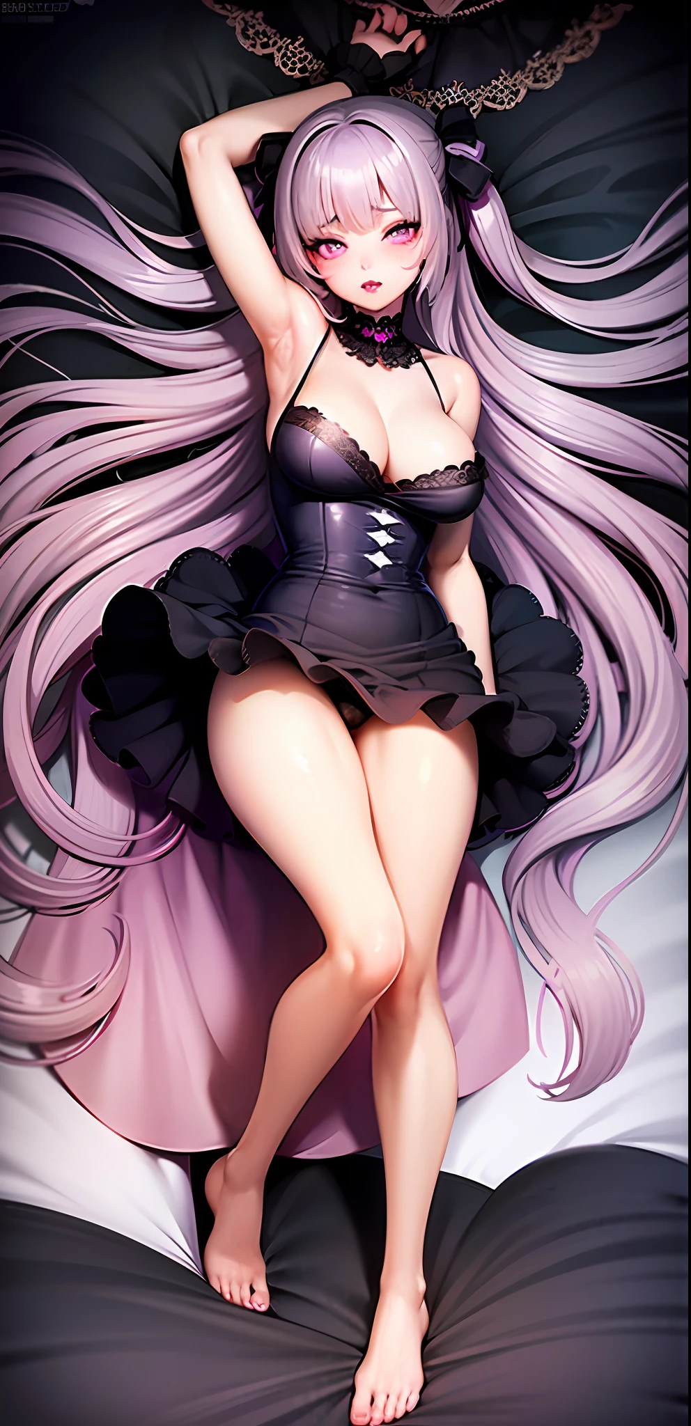 masterpiece, best quality, 1girl, long hair, ta gothic dress, cross pupil, purple eyes, purple lipstick, lips gloss, dark makeup, dakimakura, lying on back, on stomach, attractive, blushes, wide thighs, detailed full body portrait, hearts on air