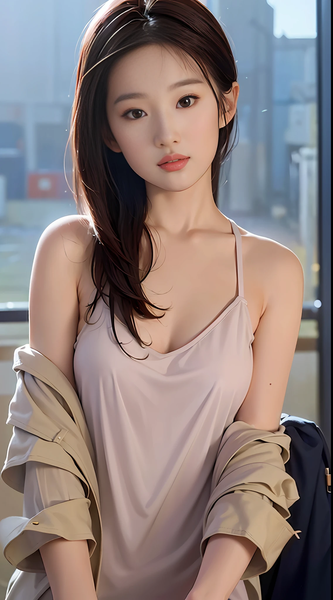 (1 cute Korean star) Realistic photo of shoulder-length hair, light makeup, medium breast size, no clothes, in school, clear facial features, 8K high resolution, clear and realistic details.