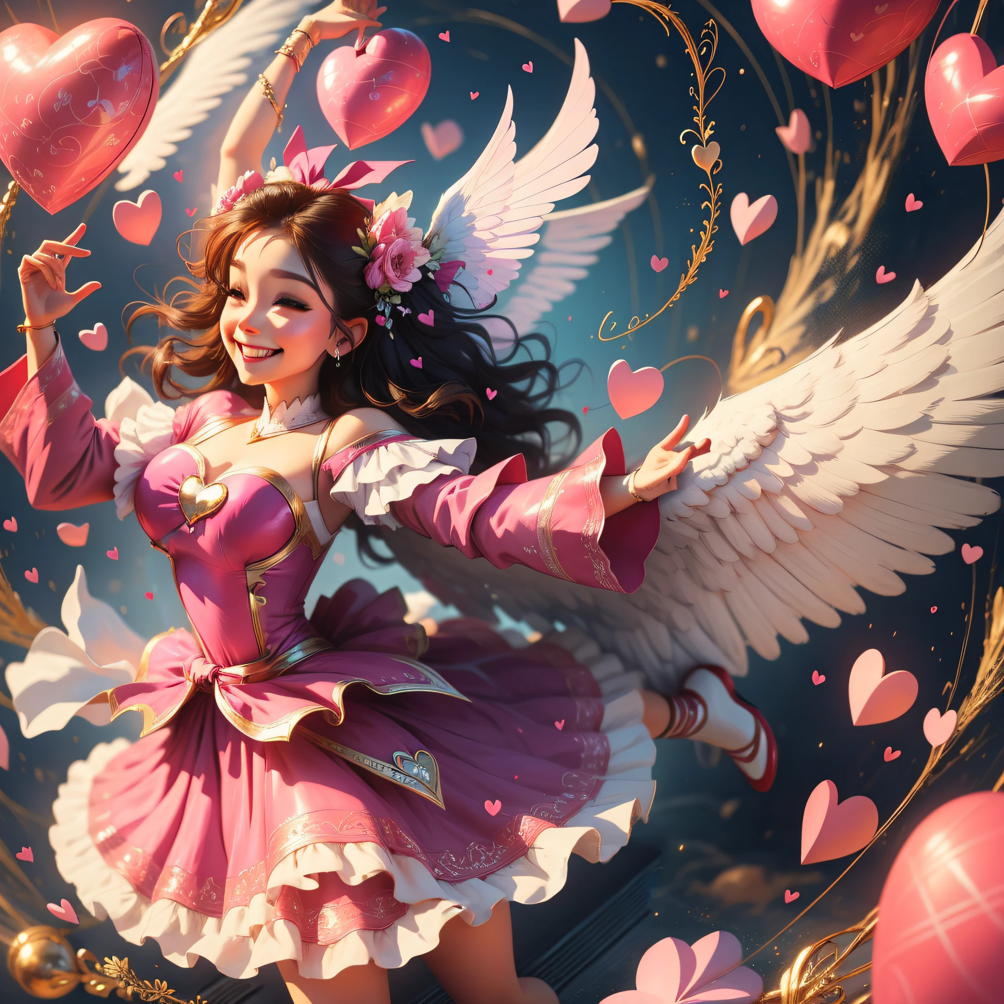 Flying hearts, cute heart balloons, heart-shaped flowers, rose flowers