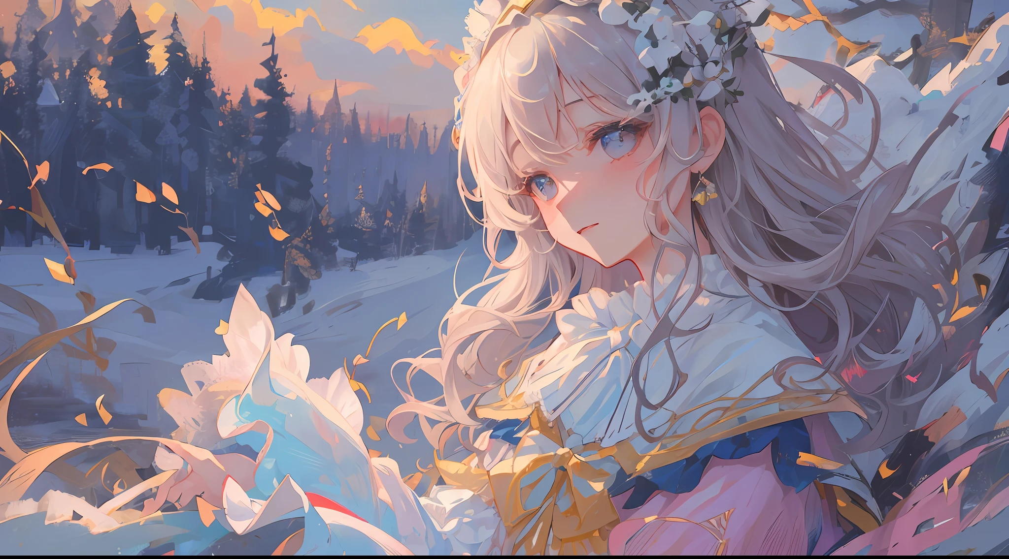 (1girl:1.2), slight blush, wavy hair, fluffy hair, capelet, lace trim, lace, frills, lolita, elegant, bodice, light smile, peaceful, colorful, (winter:0.8), snow, nature, princess, royal, extremely detailed, detailed background, beautiful background, white, depth of field, cinematic lighting, Ghibli-like colours, high detail, scenery, horizon, wind, wind blow, looking at viewer, lolita clothes, 8k, bokeh, award winning, (masterpiece:1.3), best quality, anatomically correct, perfect hands