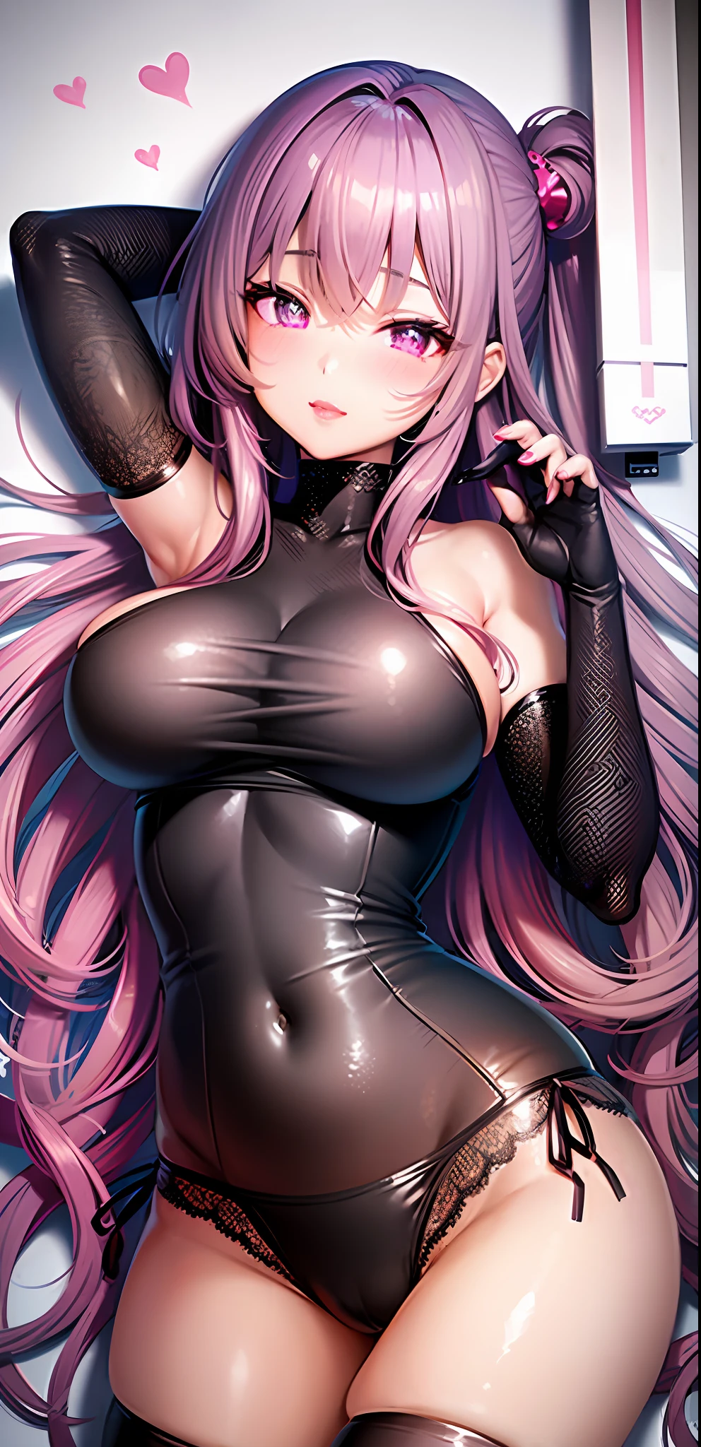 masterpiece, best quality, 1girl, long hair, long sleeved bikini, cross pupil, purple eyes, pink lipstick, lips gloss, dakimakura, lying on back, on stomach, attractive, blushes, wide thighs, detailed full body portrait, hearts on air