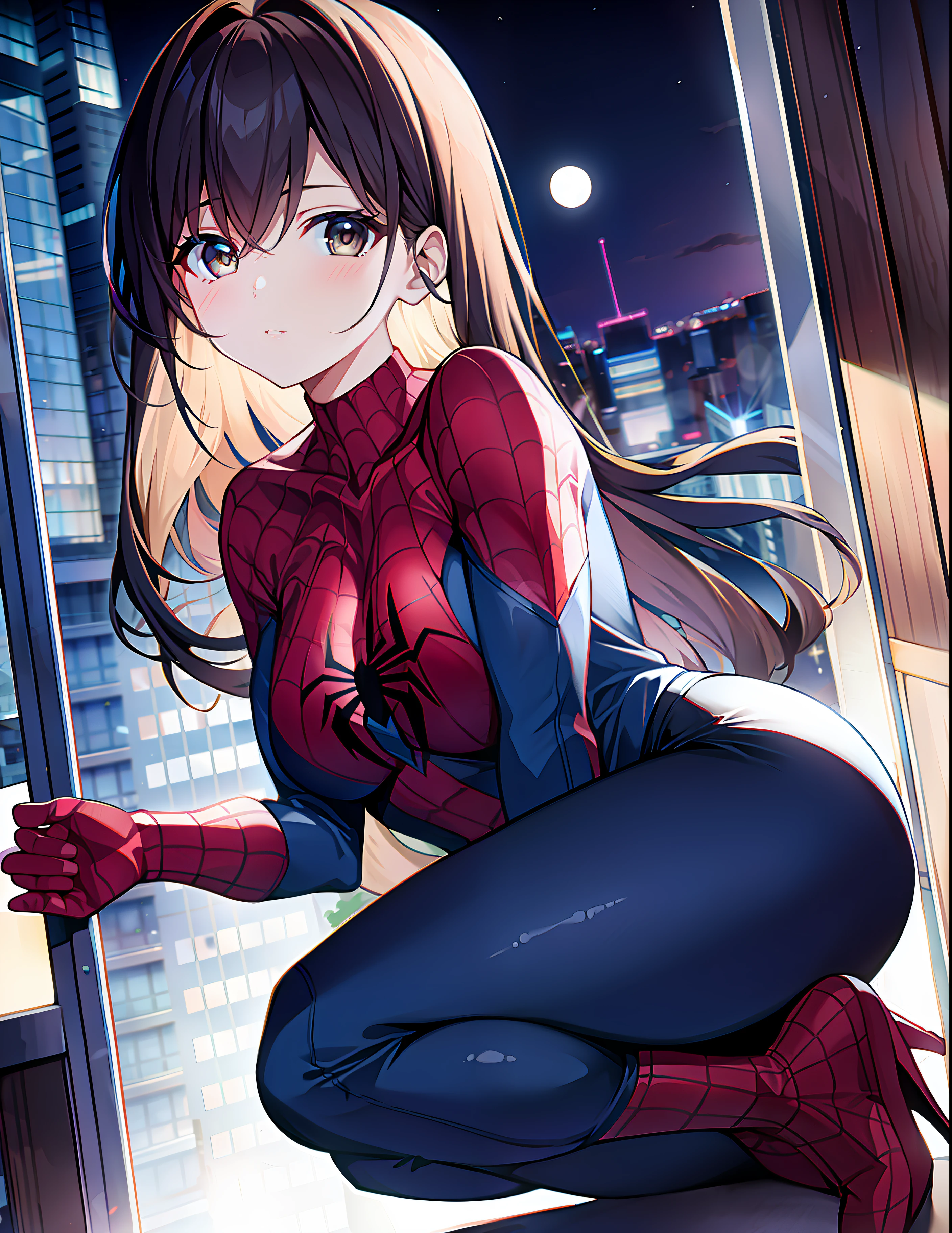 masterpiece, best quality, 8k, highres, 1girl, buildings, night, moon, seductive, spider costume,