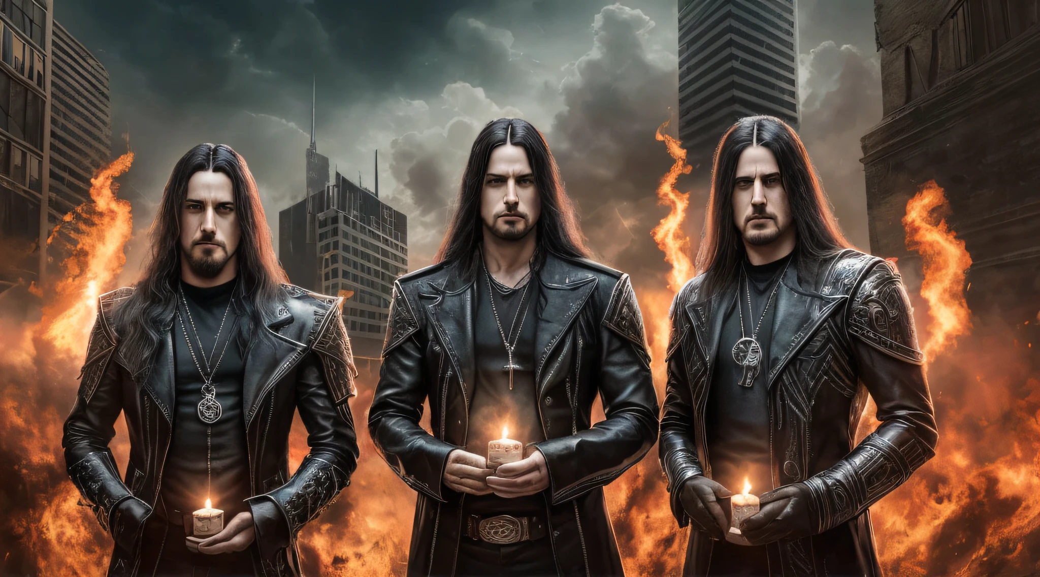 Três homens CABELO LOIRO LONGOS, em frente a um prédio com velas, New Wave of British Heavy Metal, Heavy Metal Band Promo, Disturbed, Heavy Rock Band Promo Photo, Caparison, Pentagram, Proto - Metal Band Promo, Megadeth, Promotional Shot, Dream Theater, Behemoth, Apocalytic, Promocional Photo, Threatening, Anvil, Draconian, Gehenna