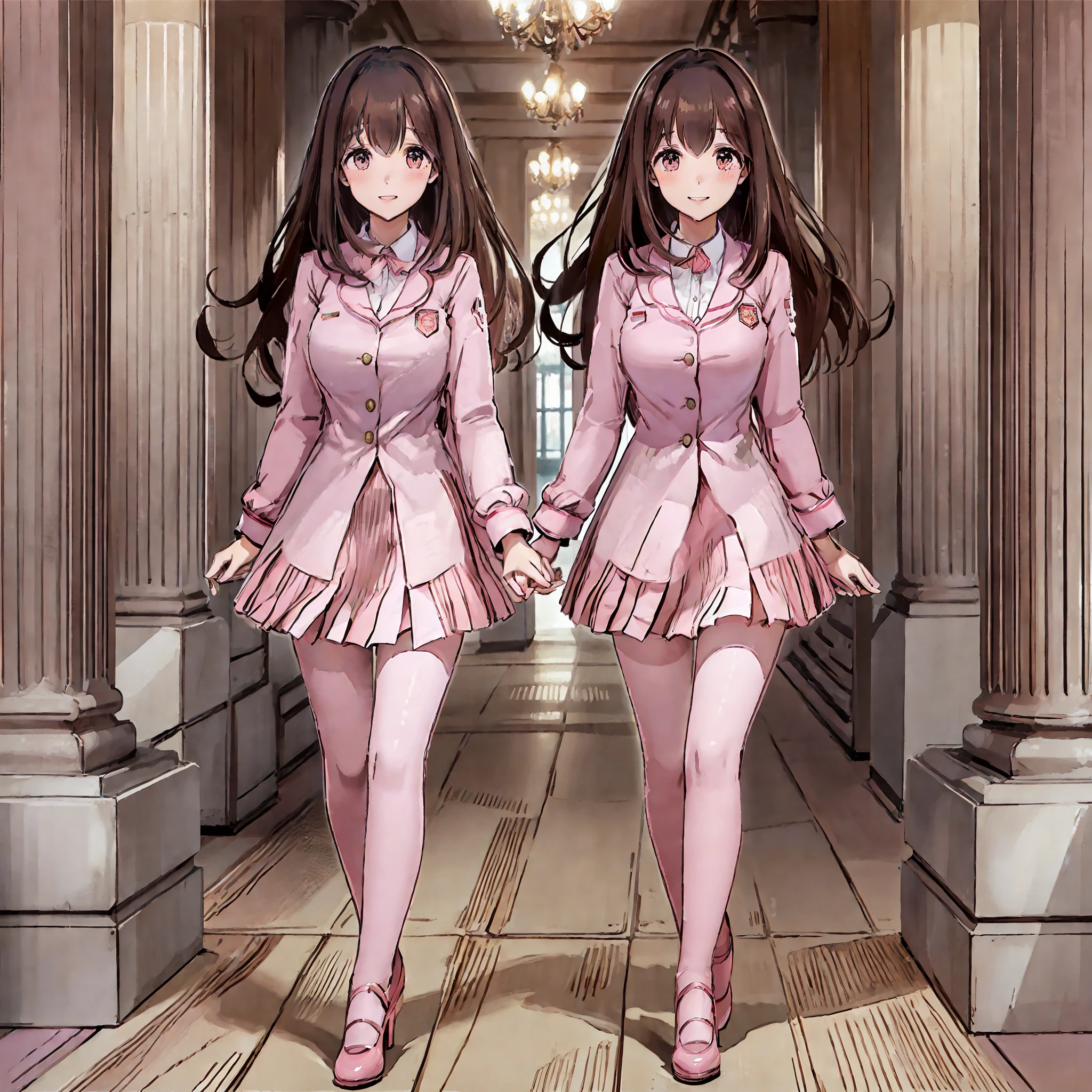 perfect anime illustration, multiple girls, thousands of girls, millions of girls, rich girls, clones, identical sisters, neat rows of sisters, neat columns of sisters, sisters standing in formation, sisters in background, brown hair, curly hair, matching hairstyle, hazel eyes, smiling, ((matching outfits, pink uniform, high heels)), matching hairstyles, white background, highres, full body, sisters marching