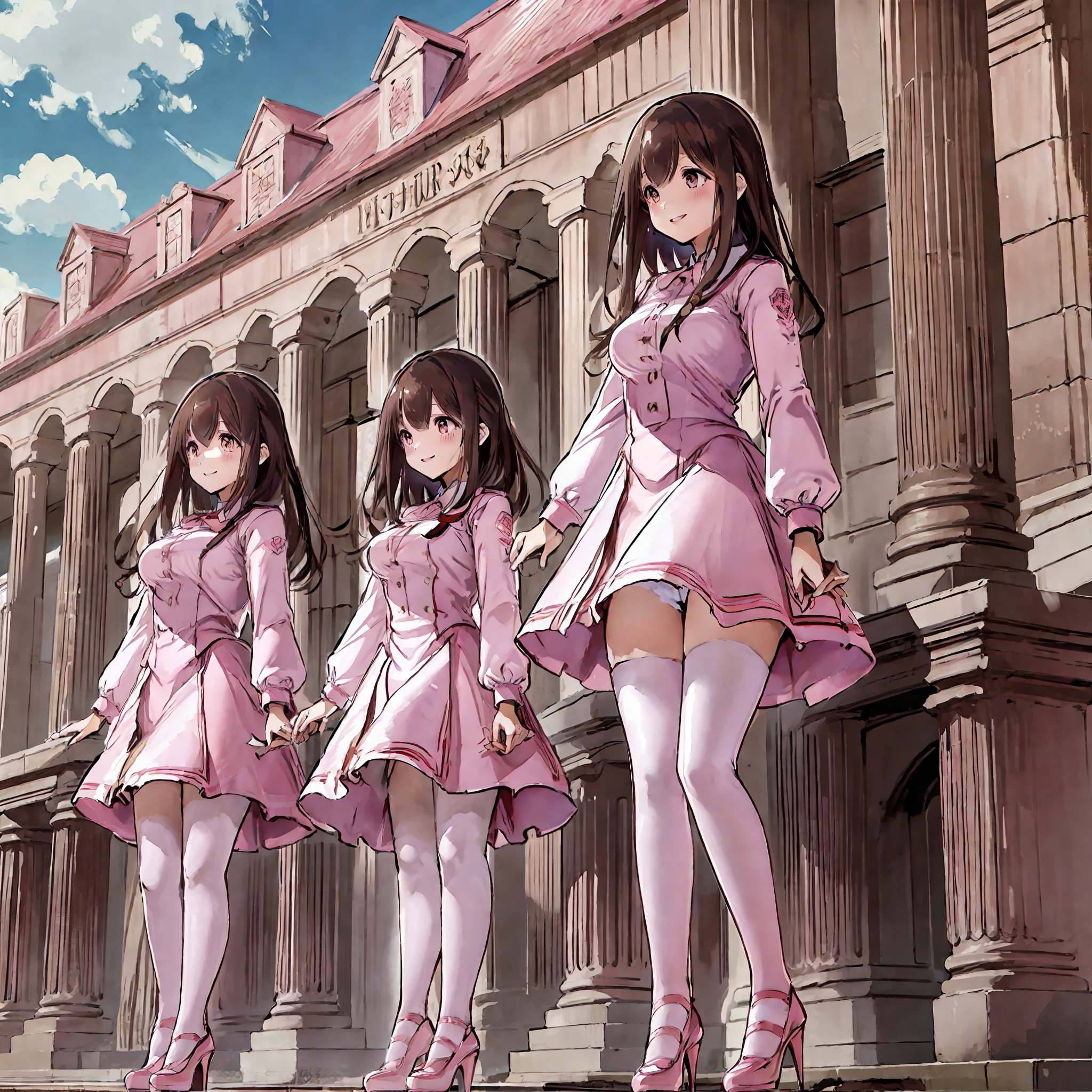 perfect anime illustration, multiple girls, thousands of girls, millions of girls, rich girls, clones, identical sisters, neat rows of sisters, neat columns of sisters, sisters standing in formation, sisters in background, brown hair, curly hair, matching hairstyle, hazel eyes, smiling, ((matching outfits, pink uniform, high heels)), matching hairstyles, white background, highres, full body, sisters marching